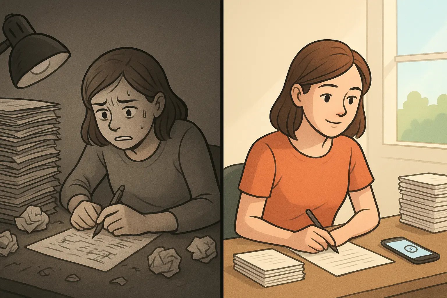 Split illustration showing a stressed woman overwhelmed by work on the left and the same woman calmly working with a timer on the right