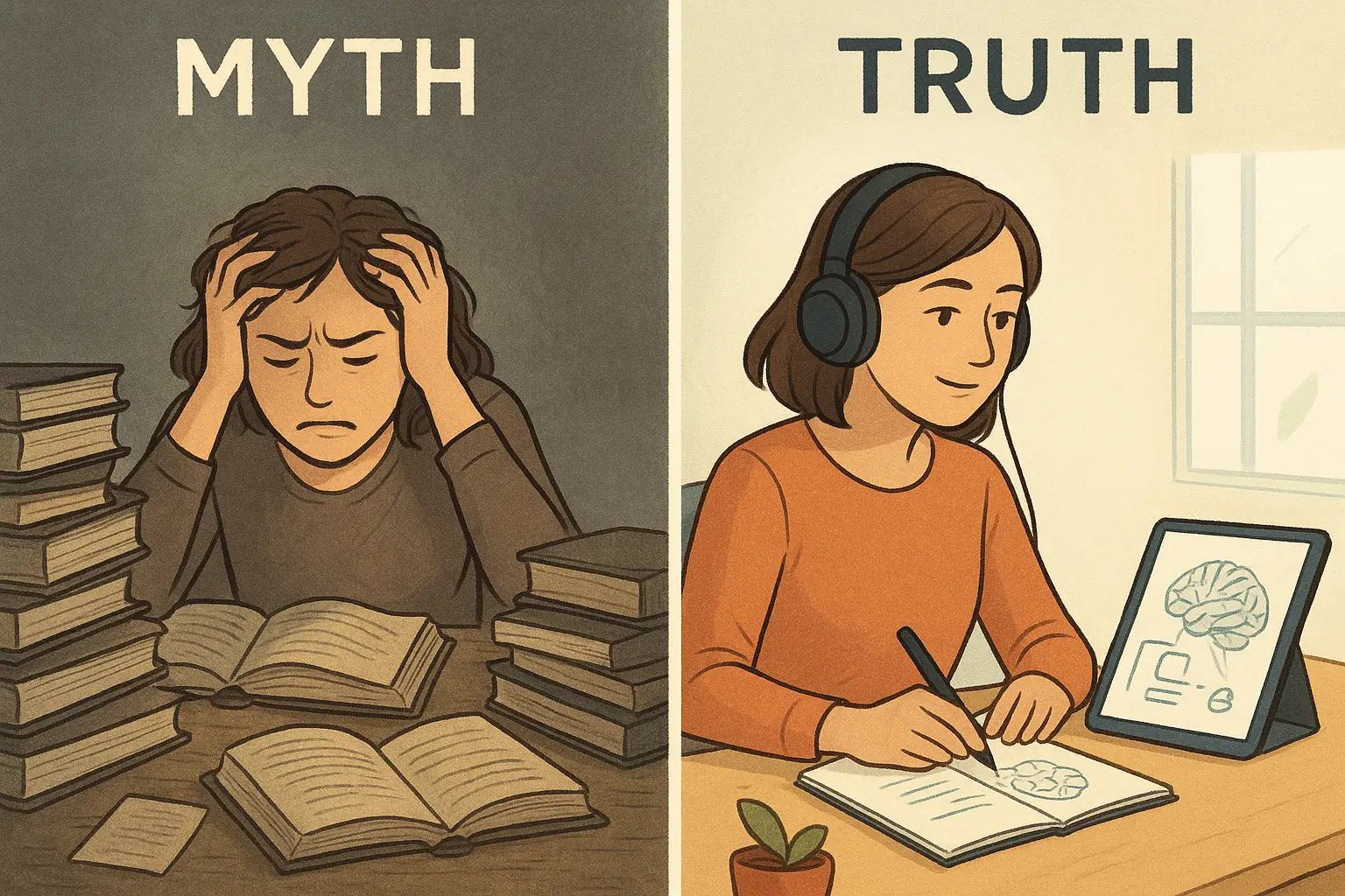 Split image showing stressed woman trying to force-memorise in chaos versus calm woman using multi-sensory learning techniques in organised space