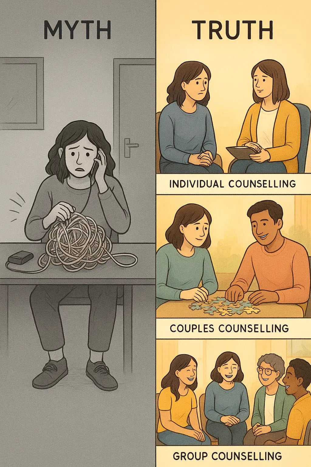 Contrast showing overwhelmed woman in stark office versus thriving in three supportive counselling settings