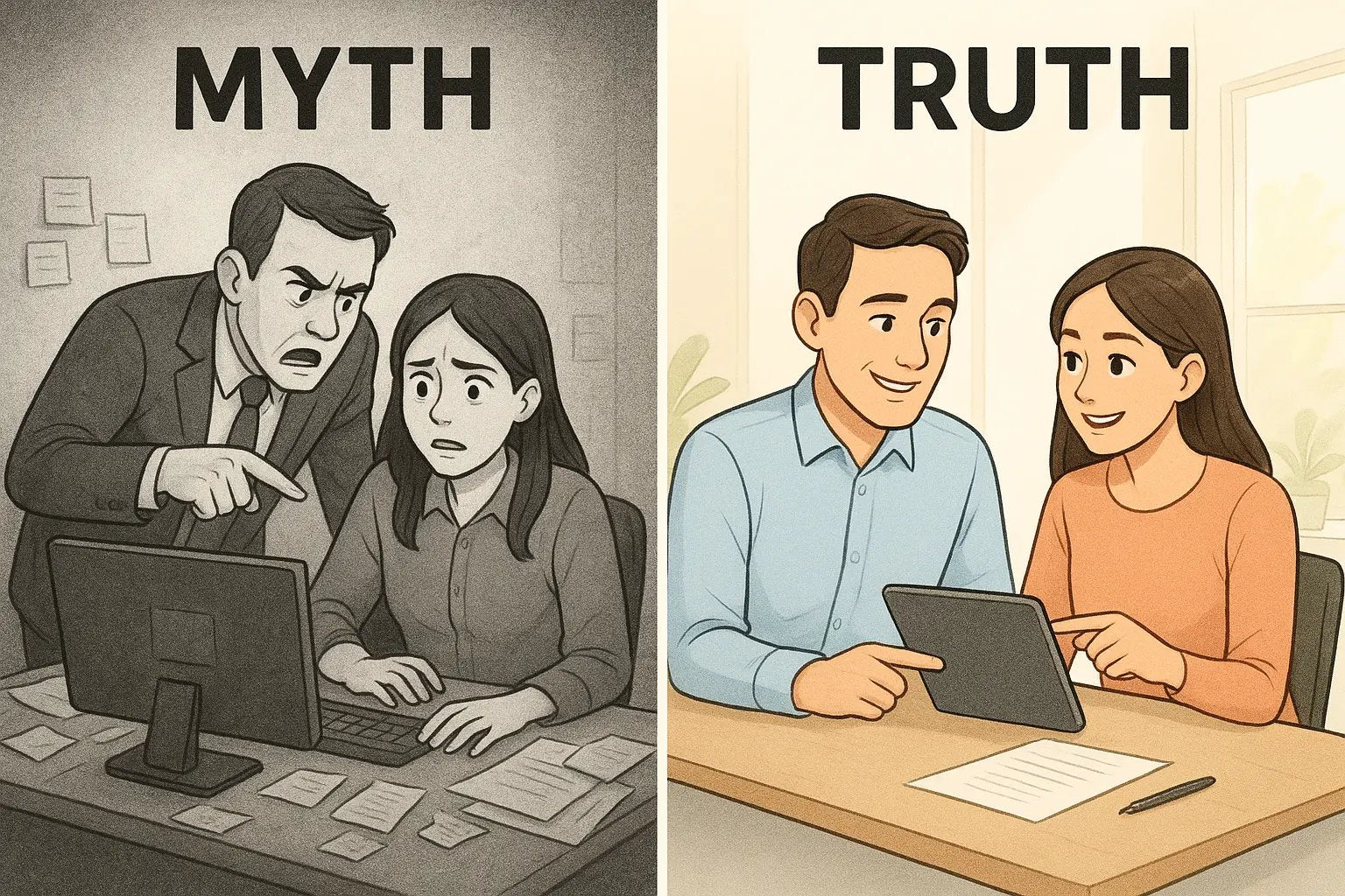 Side-by-side office scenes: left shows stressed manager micromanaging overwhelmed employee; right shows same pair calmly collaborating over a plan
