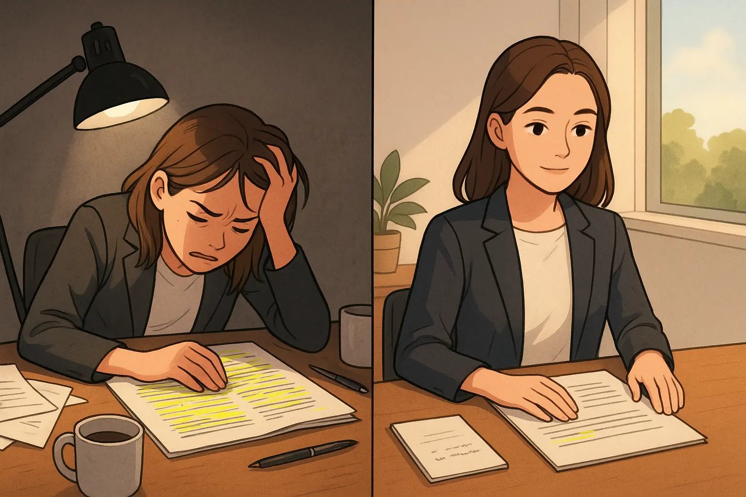 A woman at a desk, transformed from overwhelmed with chaotic highlights to calm and focused with selective, meaningful notes.