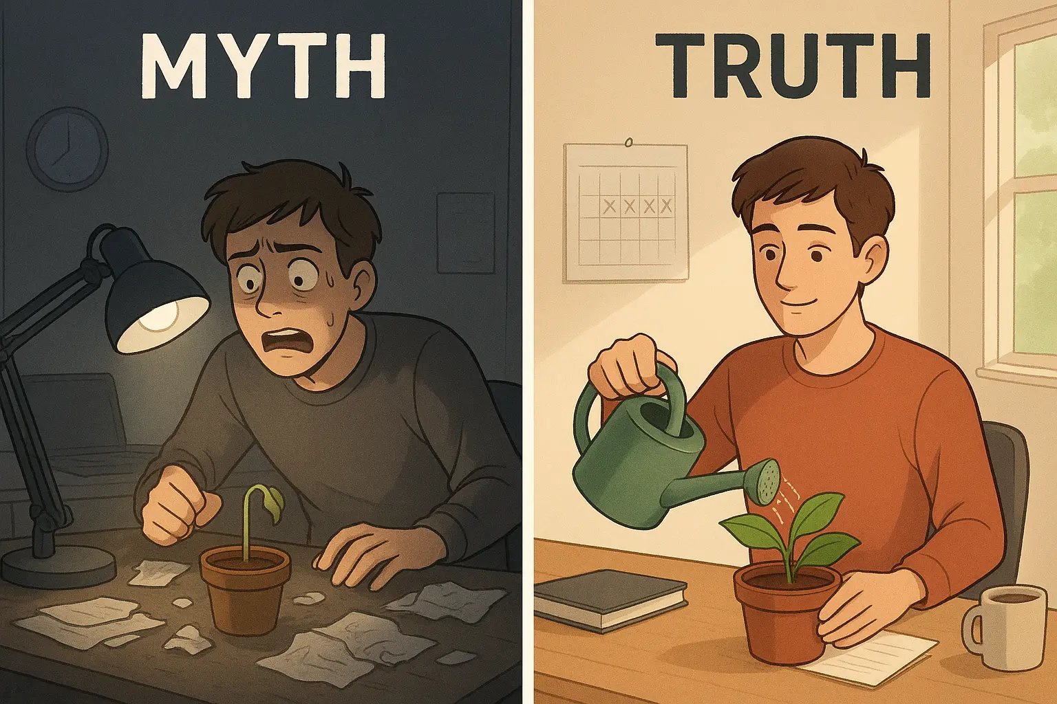Side-by-side comparison showing stressed student forcing plant growth overnight versus calm student nurturing healthy plant over time