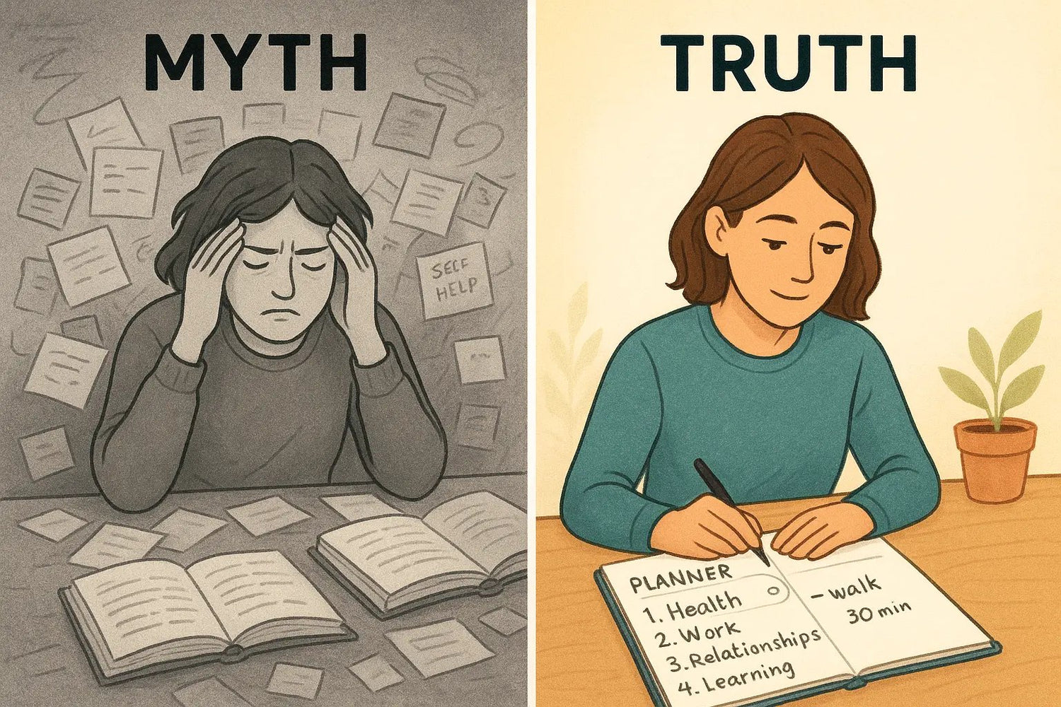 Side-by-side comparison showing overwhelmed person at messy desk versus calm person using organised PERMA checklist