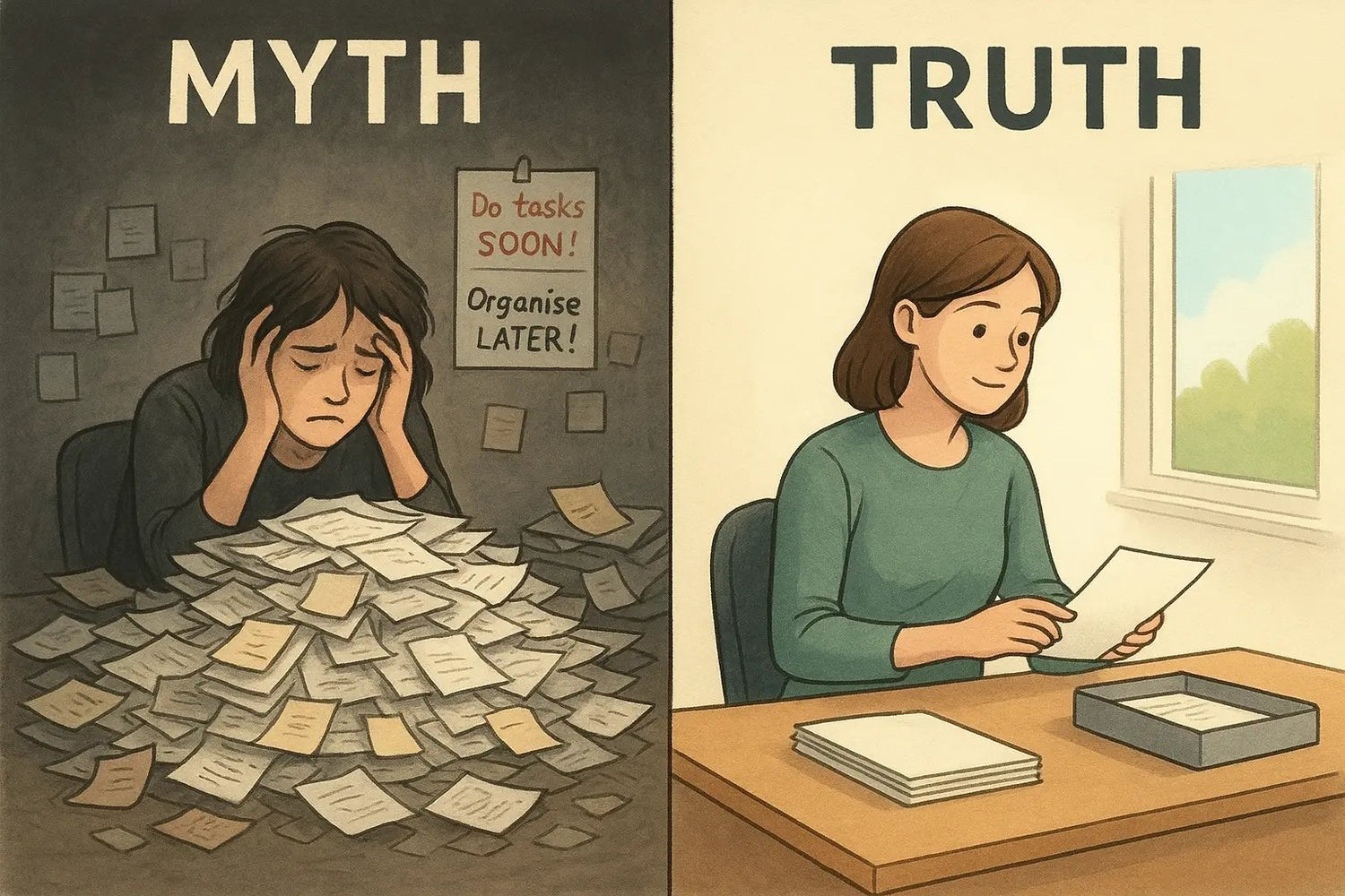 Split image showing a stressed woman overwhelmed by paperwork on the left, and the same woman calmly organising one item at a time on a tidy desk on the right.