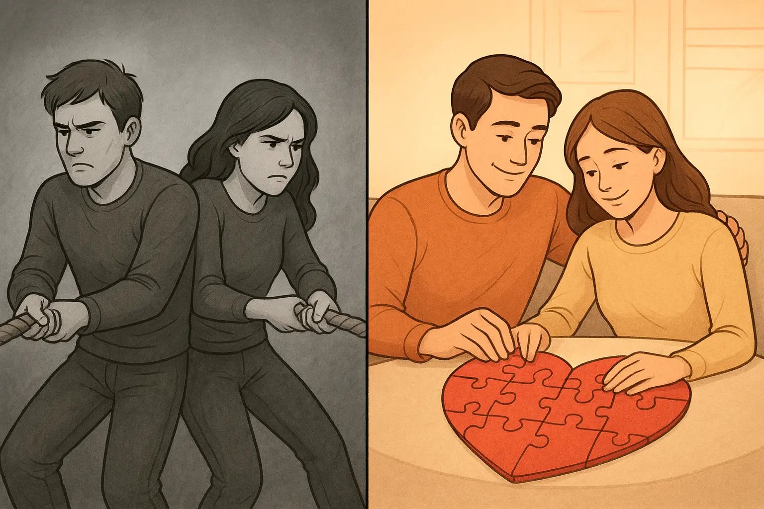 A couple sitting together on a sofa, collaboratively building a heart-shaped jigsaw puzzle, symbolising teamwork and connection in relationships.