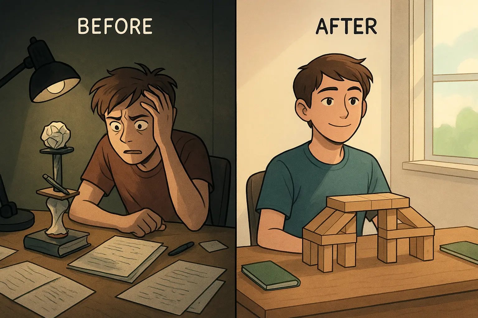 Split-panel showing student's transformation from chaotic pile of objects to stable bridge of interlocking blocks, representing strong argument structure