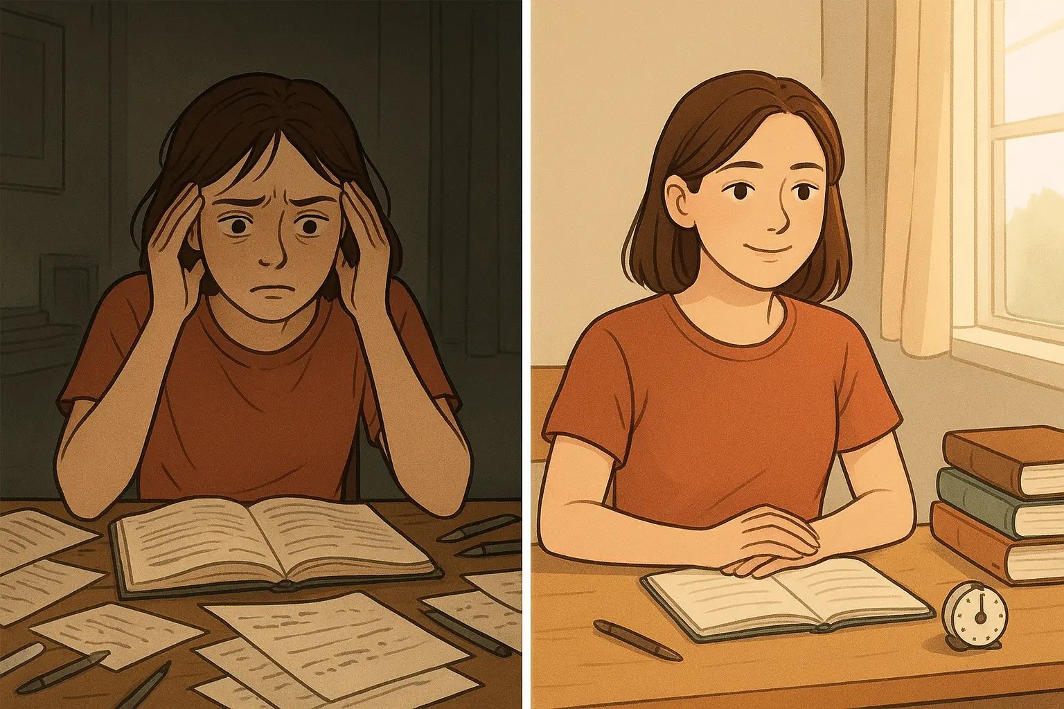 Student transforming from overwhelmed at messy desk to calm and focused at organised workspace with timer