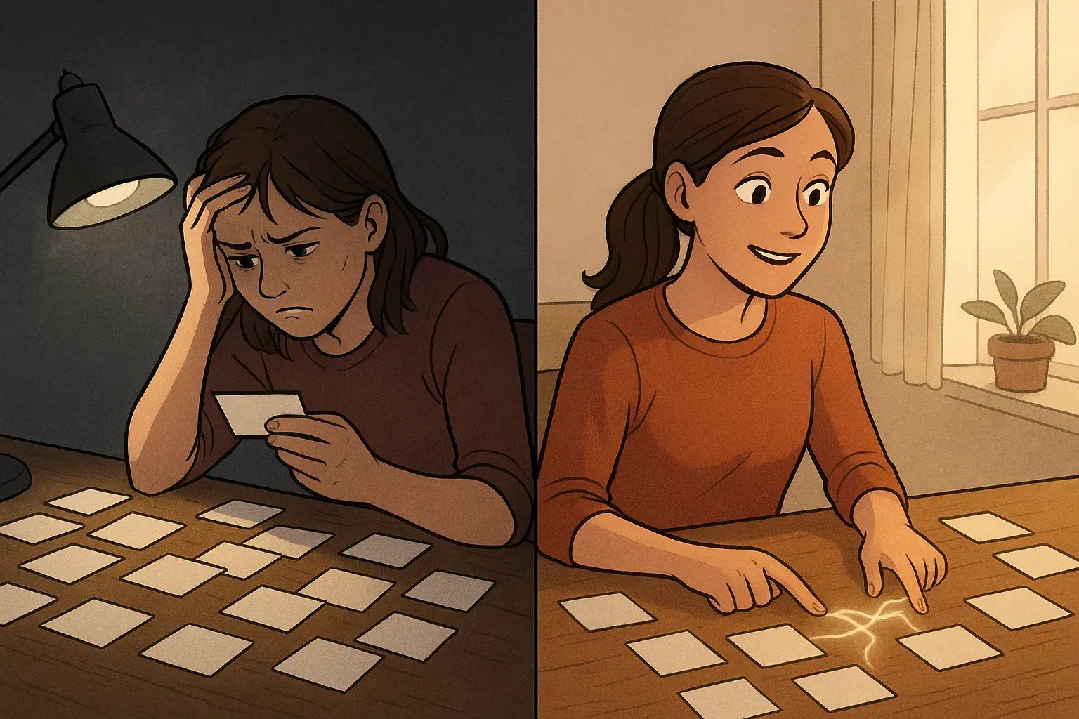 Student comparing organised note cards on desk, discovering a pattern with a breakthrough smile of clarity and understanding