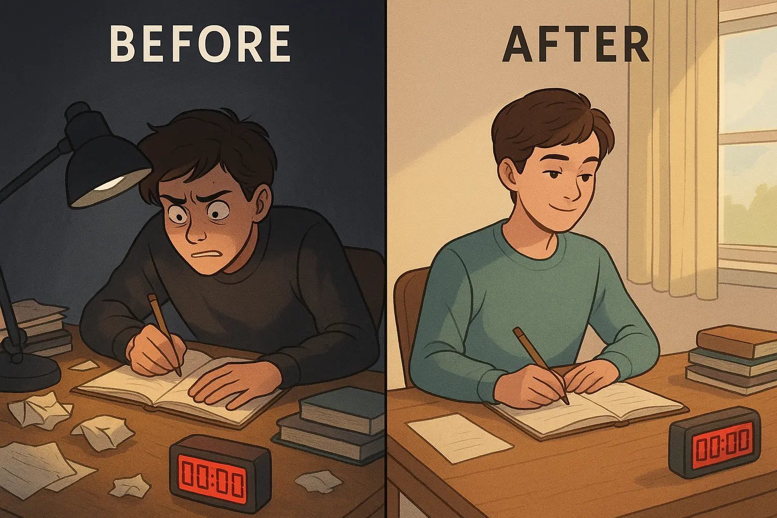 Student transformation from stressed timer-racing to calm, organised studying with natural light and peaceful focus.