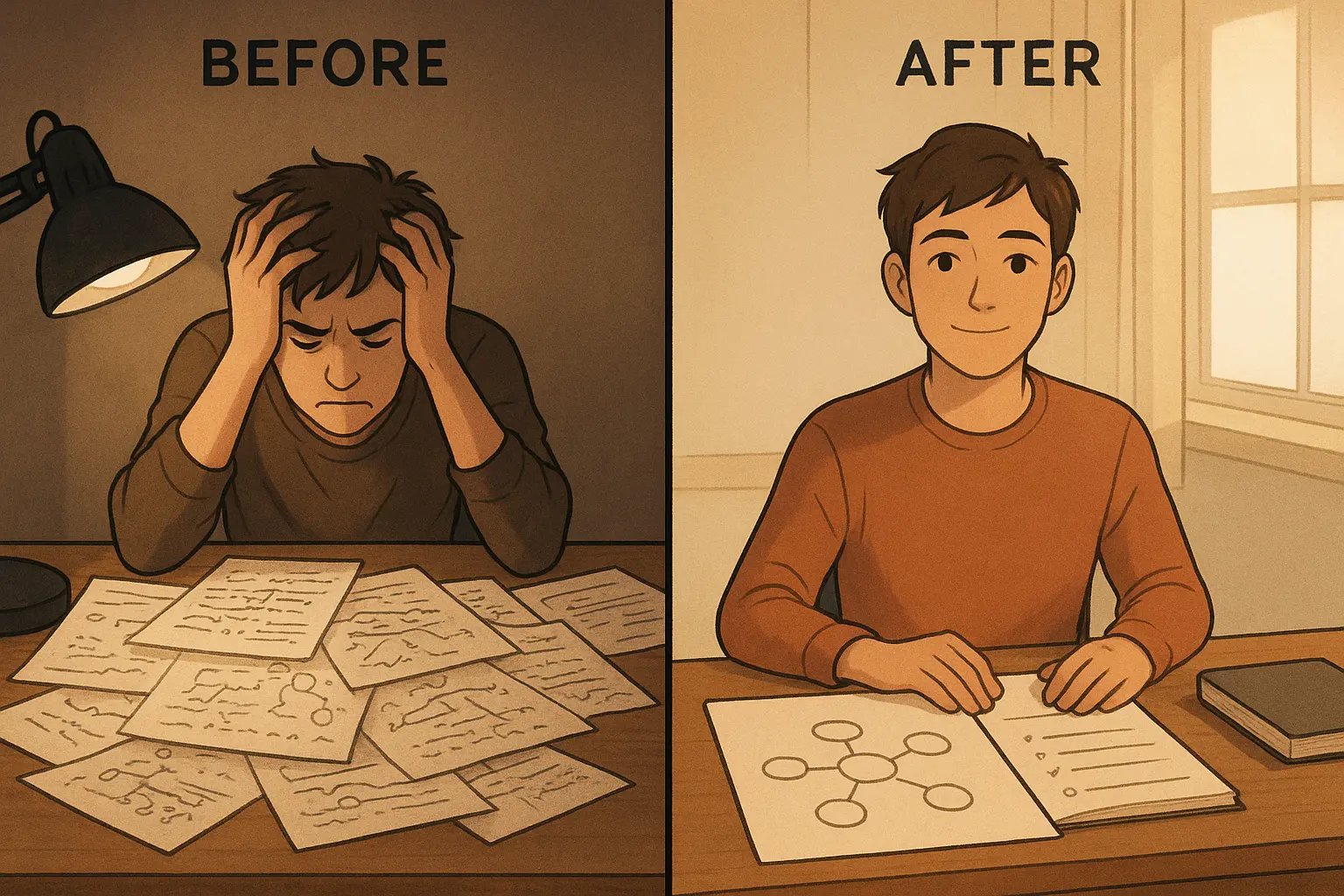 Student transformation from chaotic desk with jumbled notes to organised workspace with mind map and checklist in calm morning light