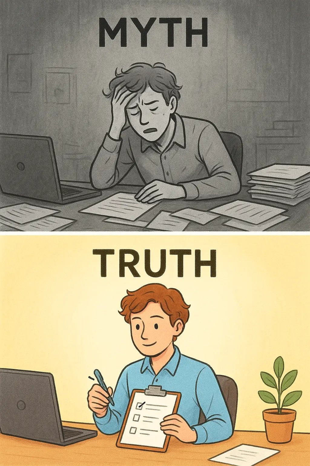 Split illustration showing stressed worker at cluttered desk above, calm worker with checklist at organised desk below