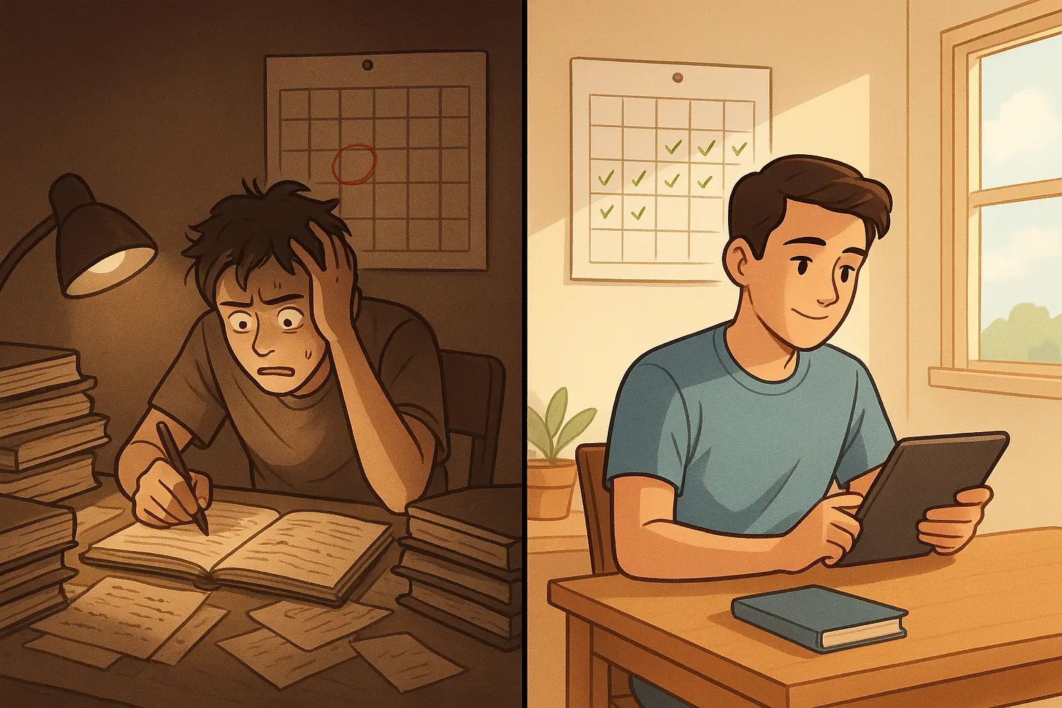 Split illustration showing stressed student cramming versus calm student taking regular quizzes in organised study space