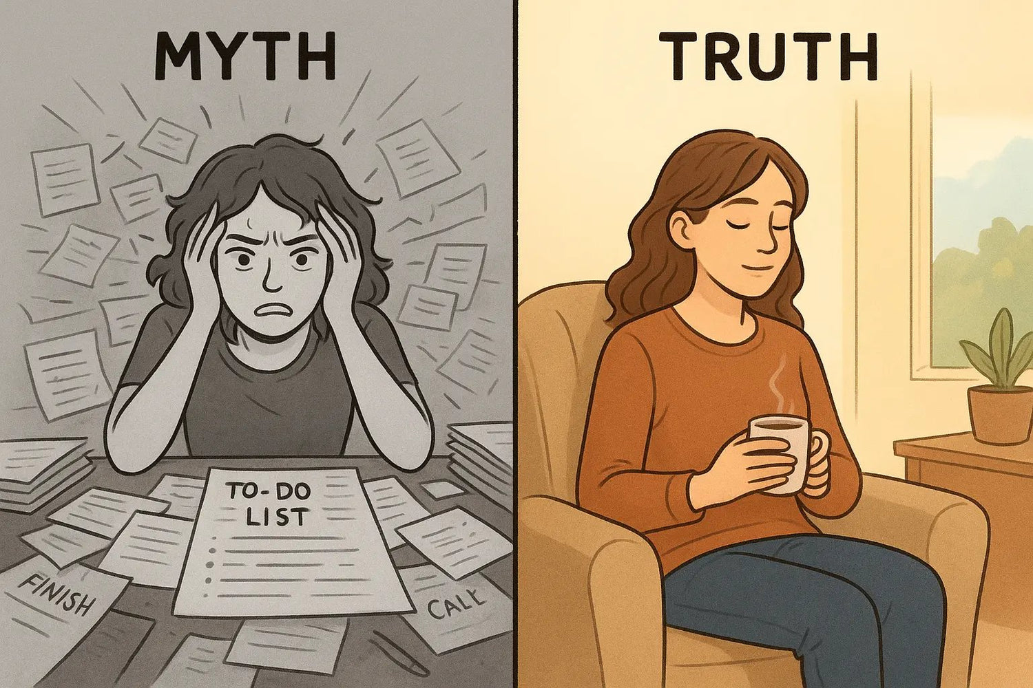 Split comparison showing overwhelmed planning chaos versus calm five-minute check-in moment for neurodivergent self-care