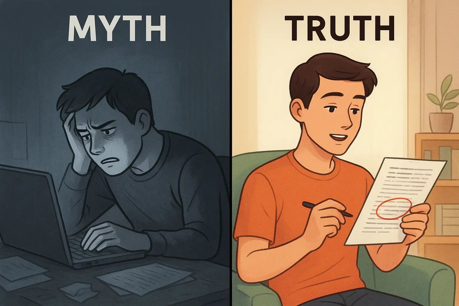Side-by-side comparison of stressed student editing on screen versus calm student reading printed draft aloud with pen in hand
