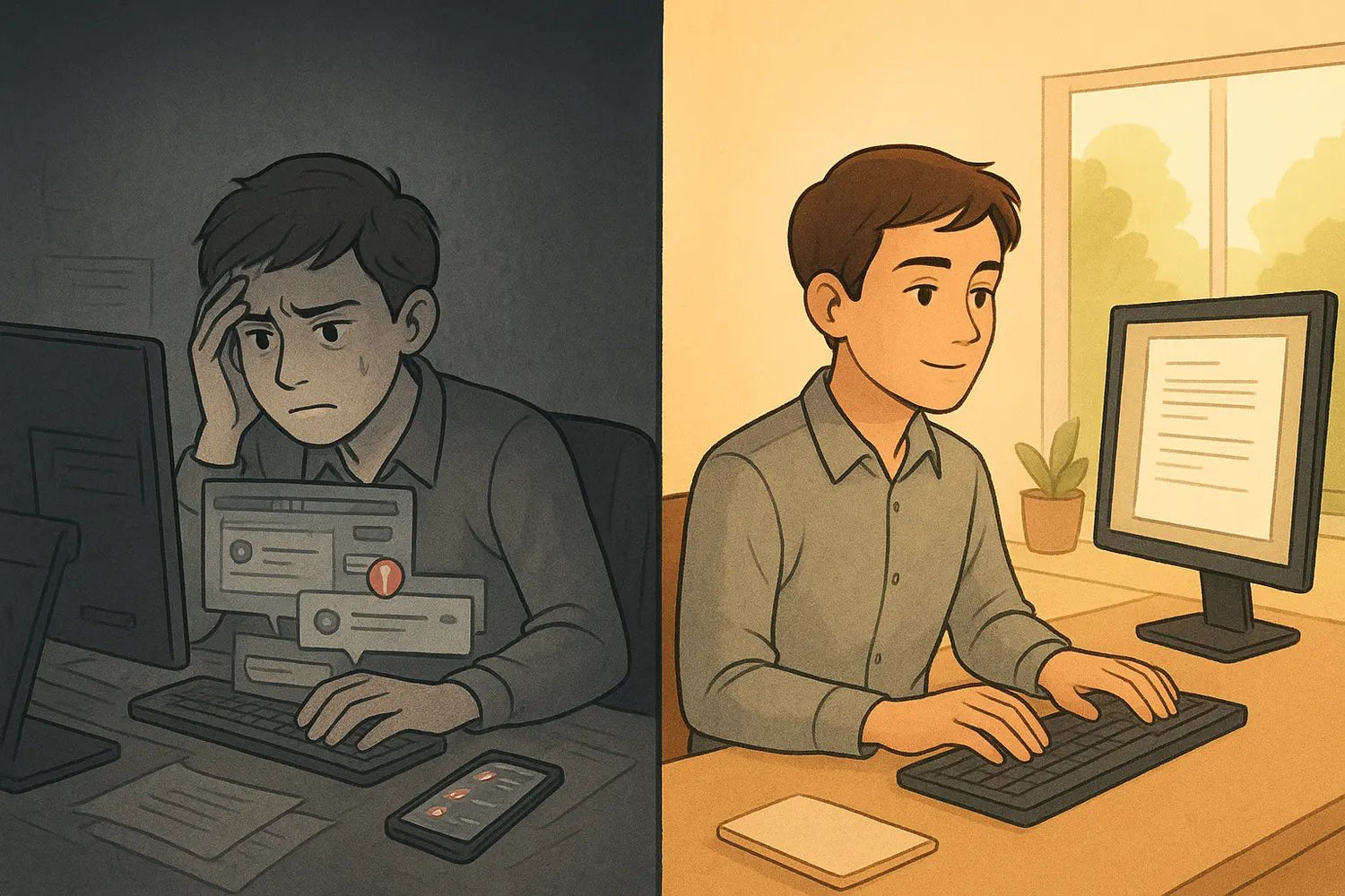 Side-by-side comparison showing cluttered desk with distractions versus organised workspace promoting easy focus and productivity