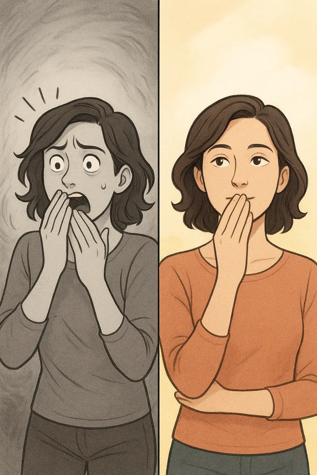 Side-by-side comparison showing a woman with regretful expression versus calmly pausing with hand over mouth before speaking