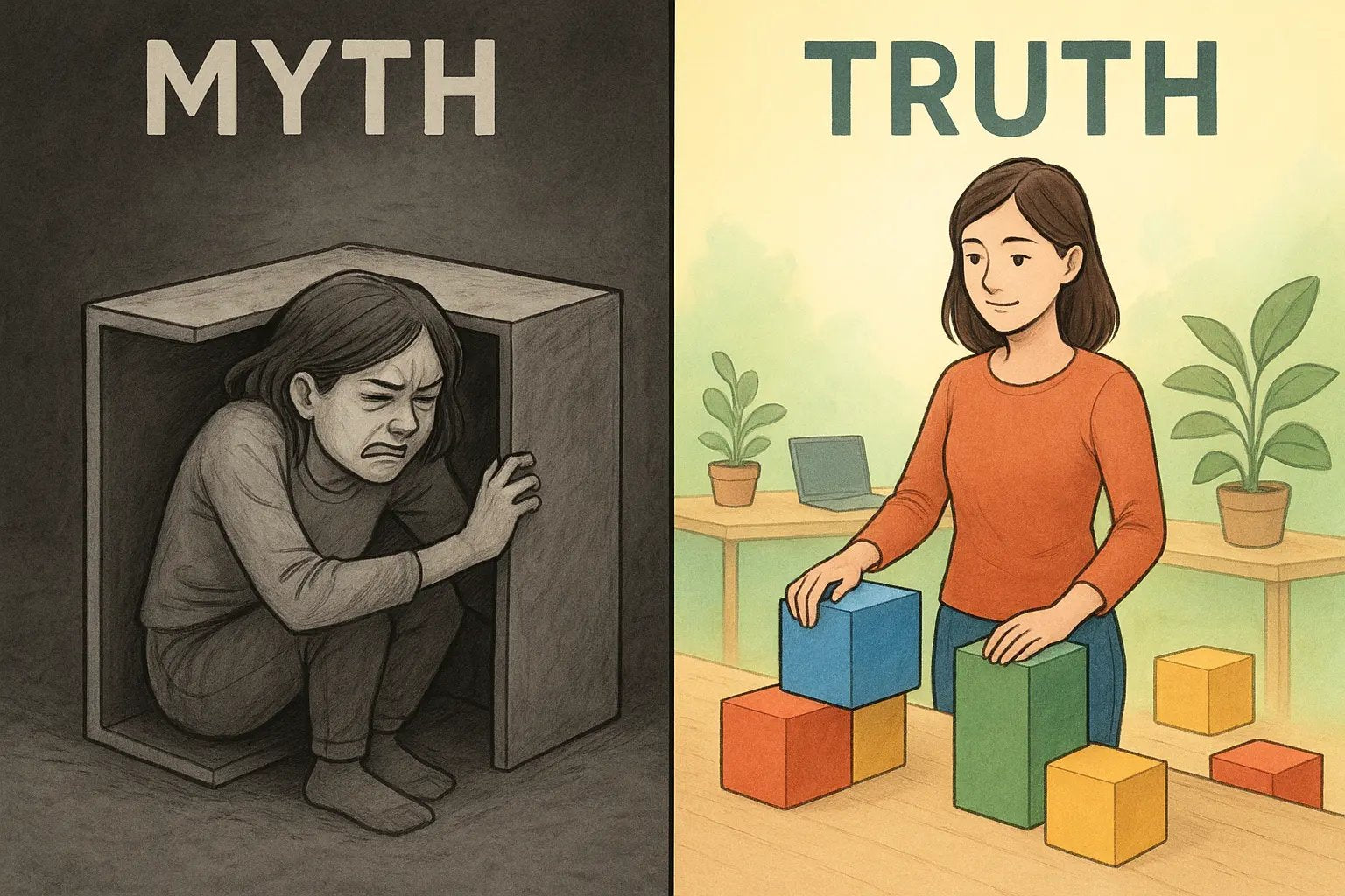 Woman building her ideal workspace with colourful blocks, contrasting with forcing herself into a rigid metal cube.