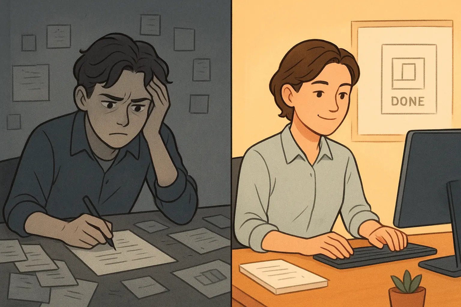 Side-by-side comparison showing a stressed person overwhelmed by details versus a calm, focused person with a clear visual goal