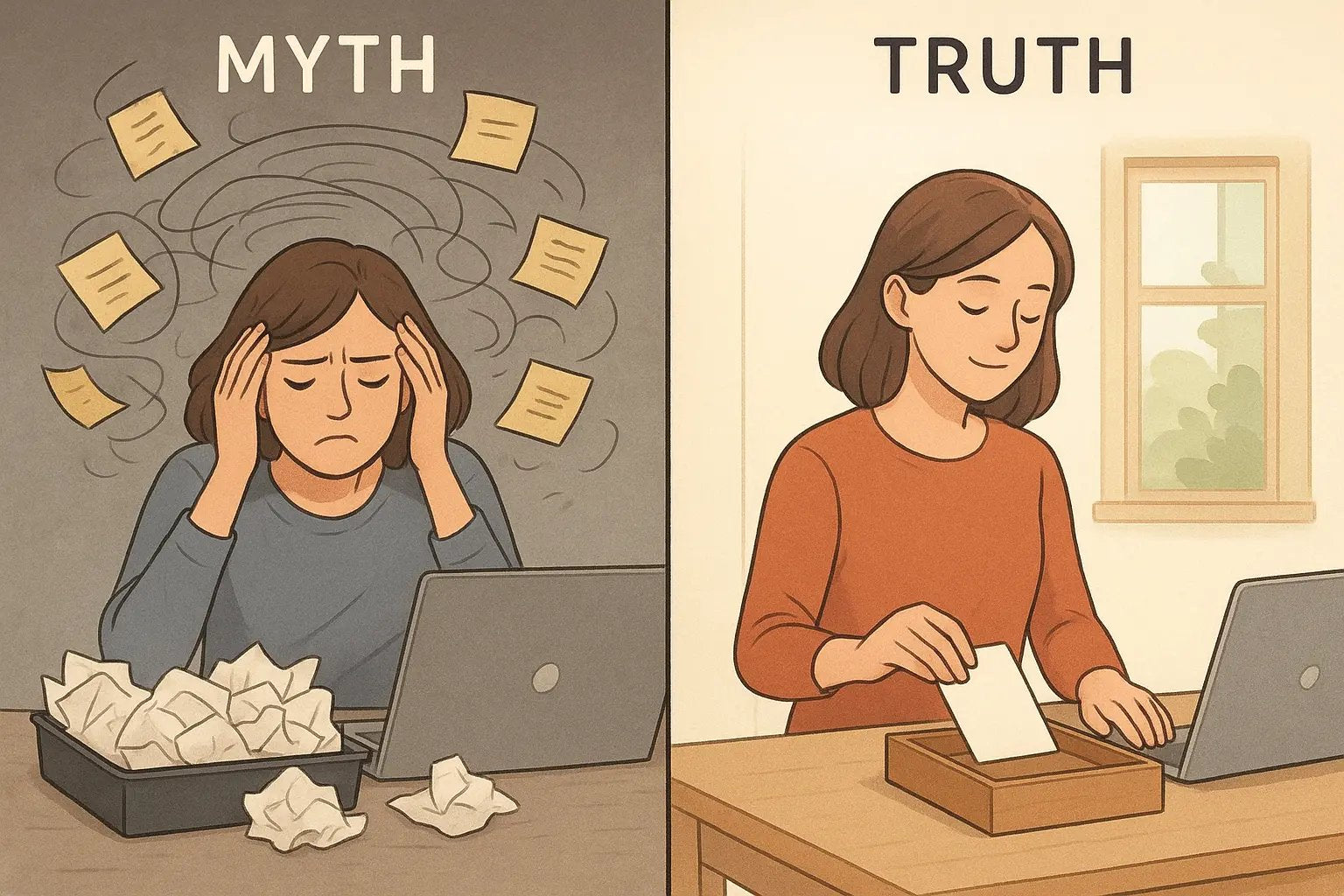 Side-by-side comparison showing a stressed woman with scattered notes versus the same woman calmly using one organised inbox