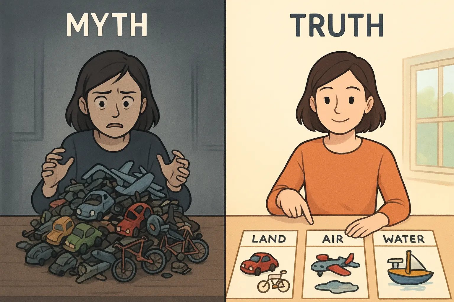 Student transforming from stressed with chaotic pile to calm with neatly sorted hierarchical groups