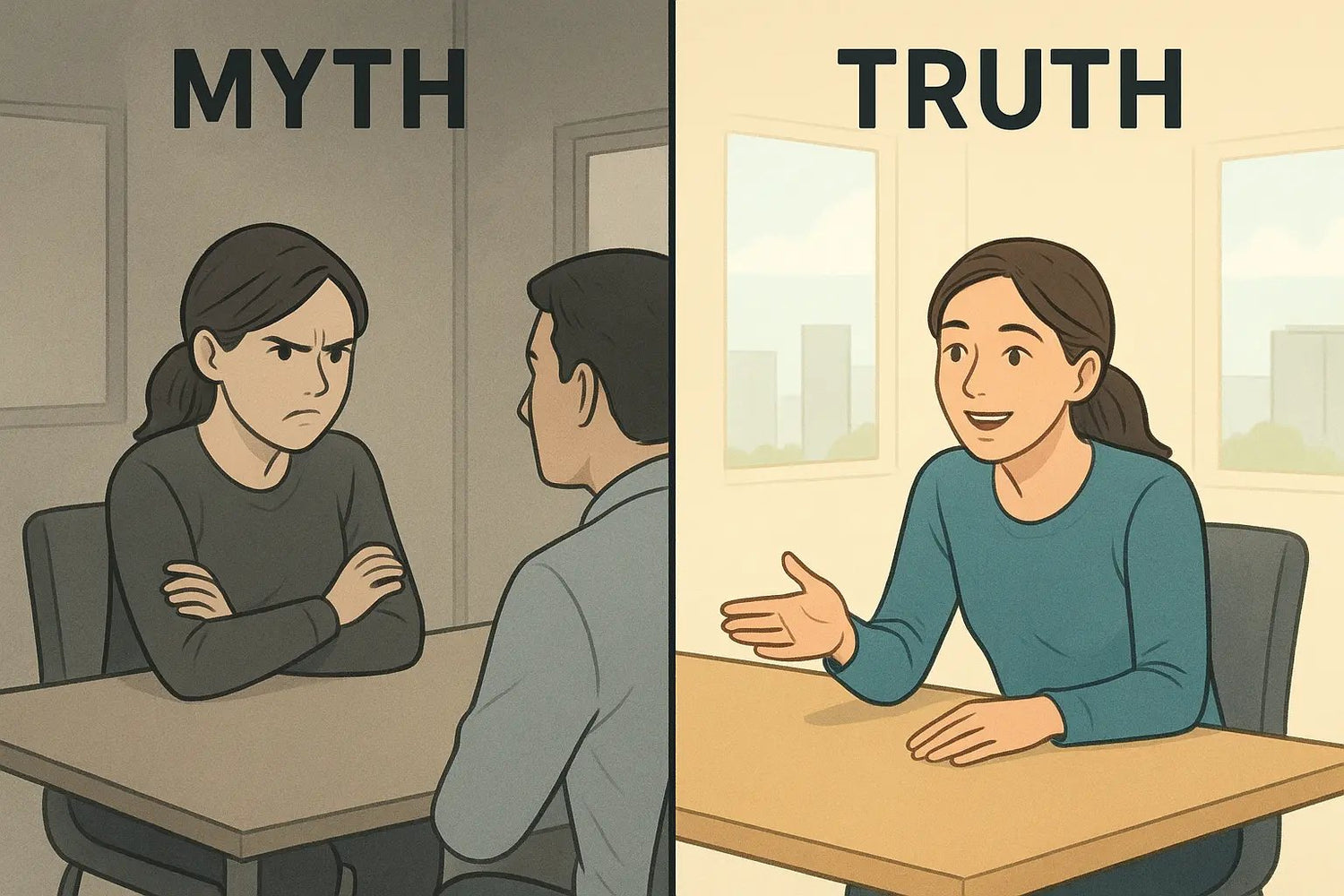 Side-by-side comparison of a woman reacting defensively in monochrome versus calmly asking questions in colour during a meeting.