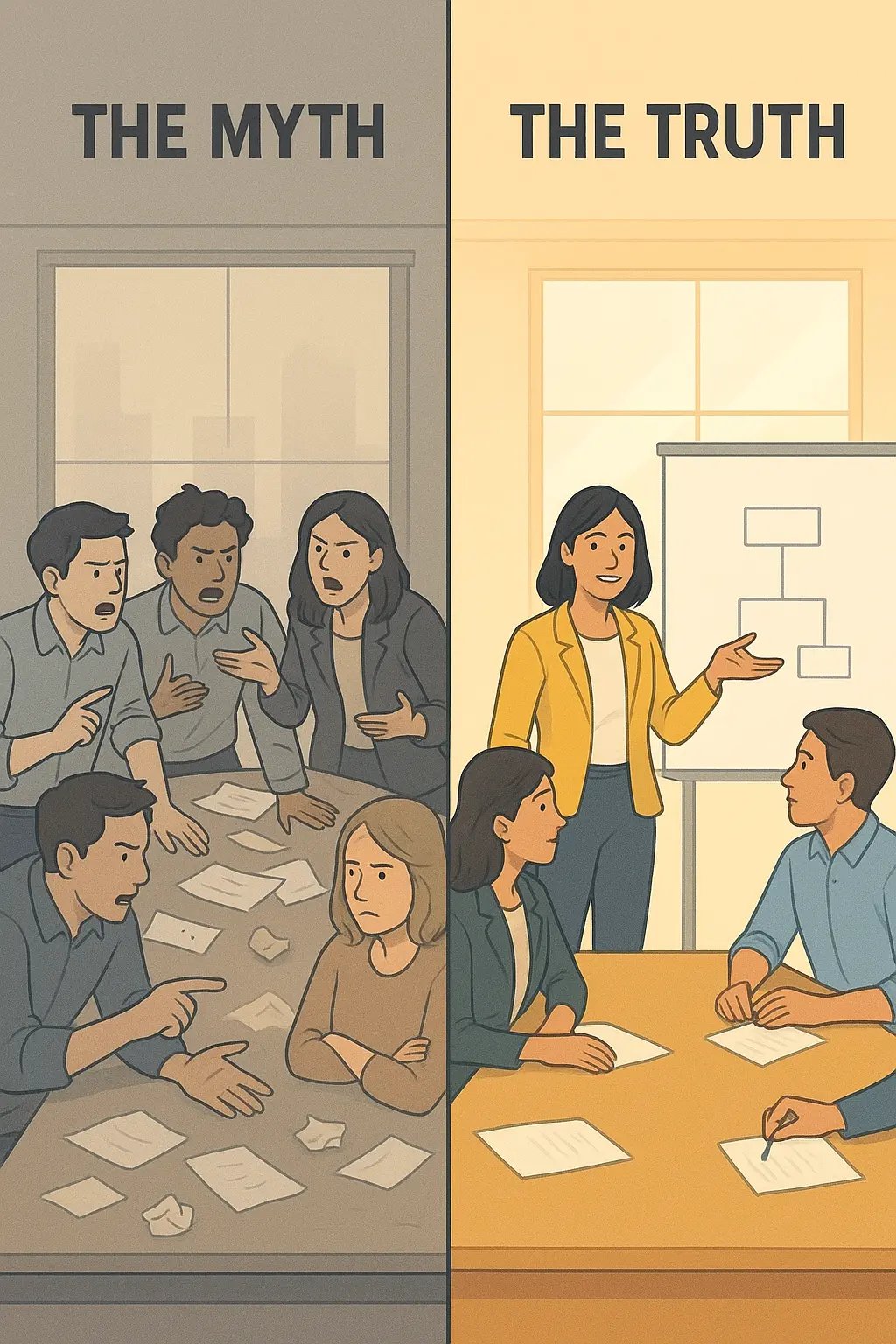 Side-by-side comparison of a chaotic leaderless meeting versus an organised meeting with one clear decision-maker pointing to a plan.