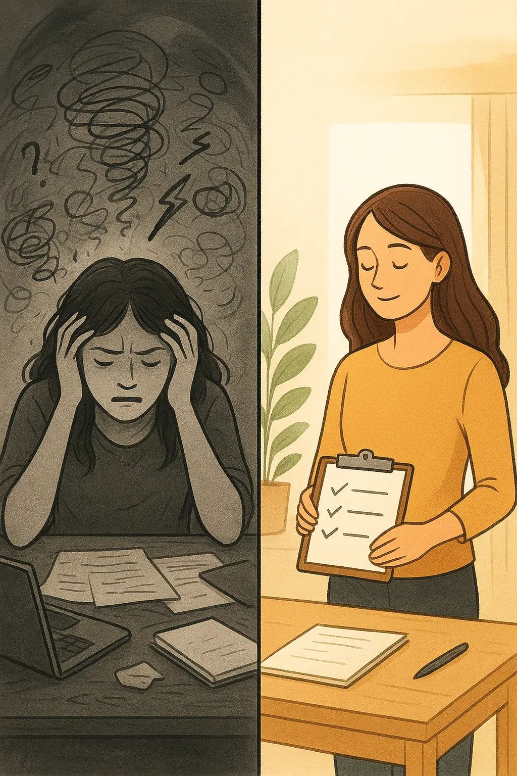 Side-by-side comparison showing a woman overwhelmed in monochrome versus calmly using a simple checklist in vibrant colour