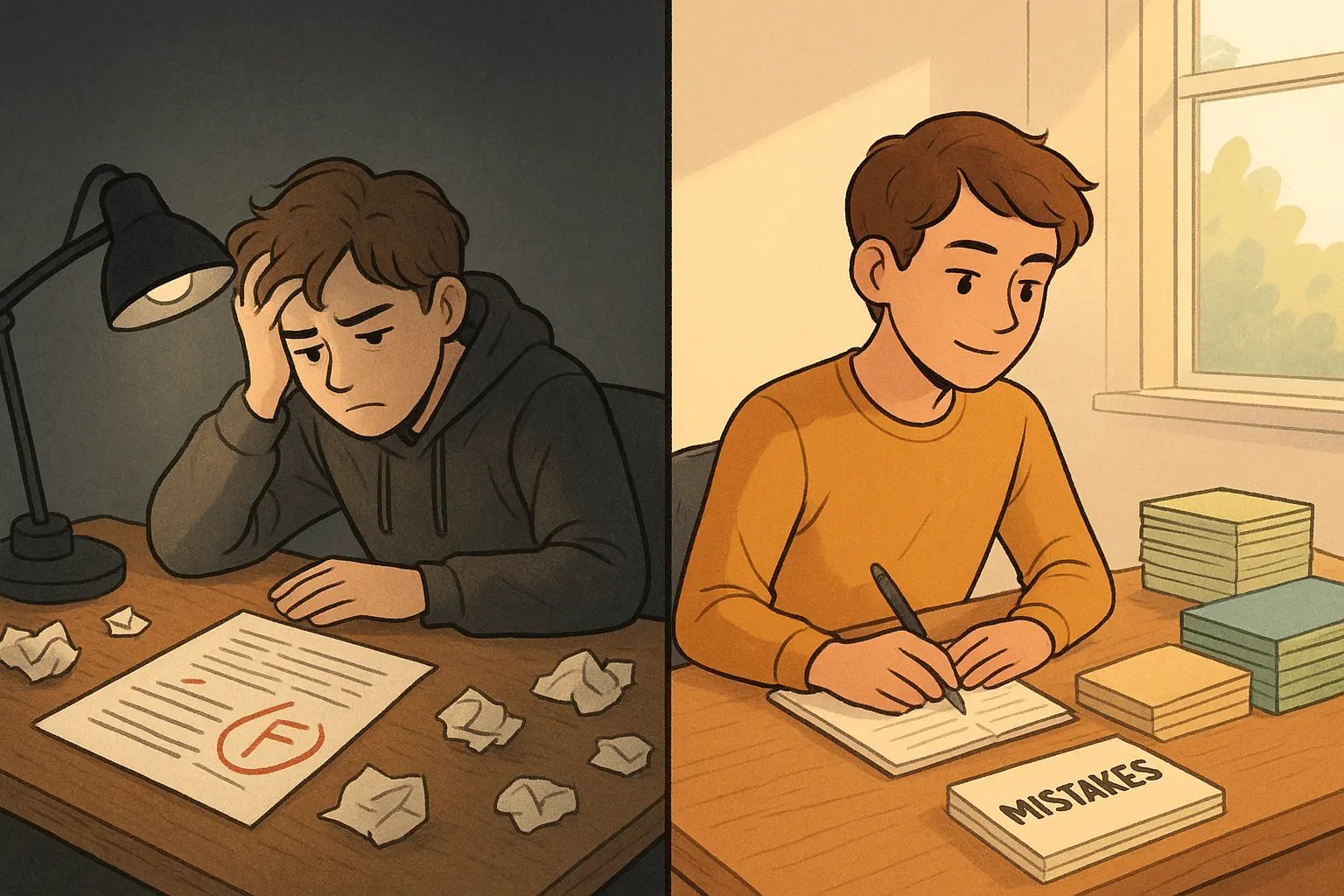 Student calmly organising test mistakes into categories with a clear action plan, showing focused and confident learning approach