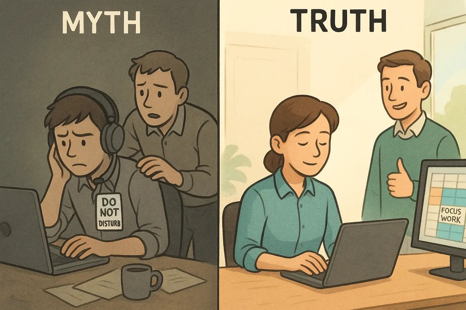 Office worker at desk with clear schedule displayed on monitor, colleague giving respectful thumbs-up before walking away