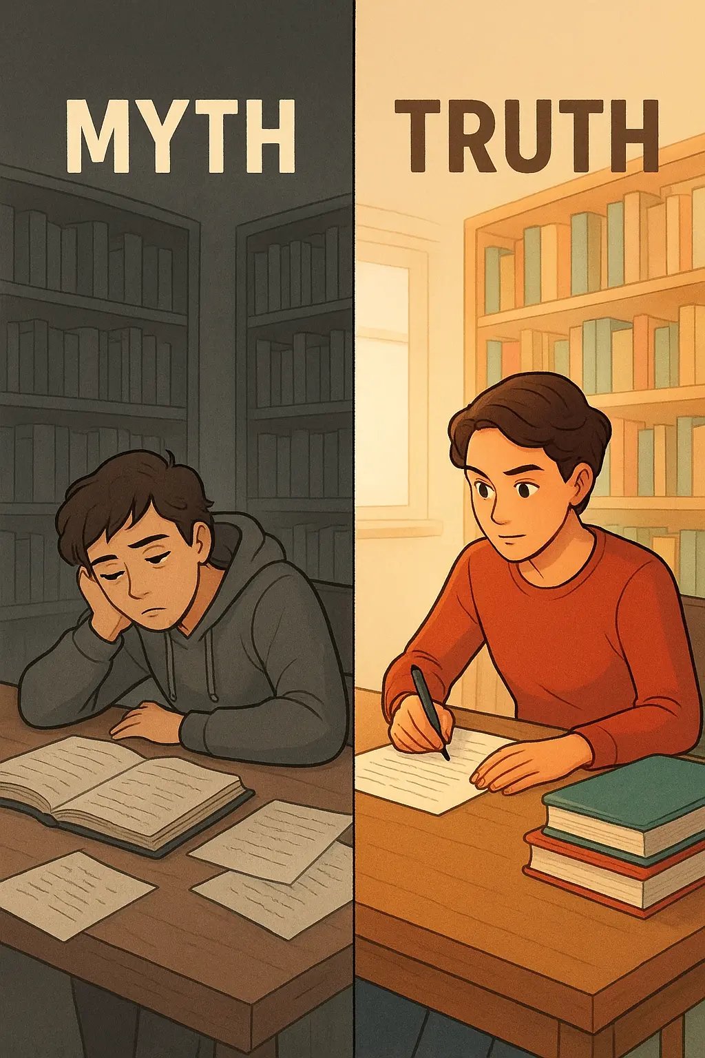 Side-by-side comparison showing a student using a quiet study nook incorrectly for routine work versus correctly for high-stakes exam preparation