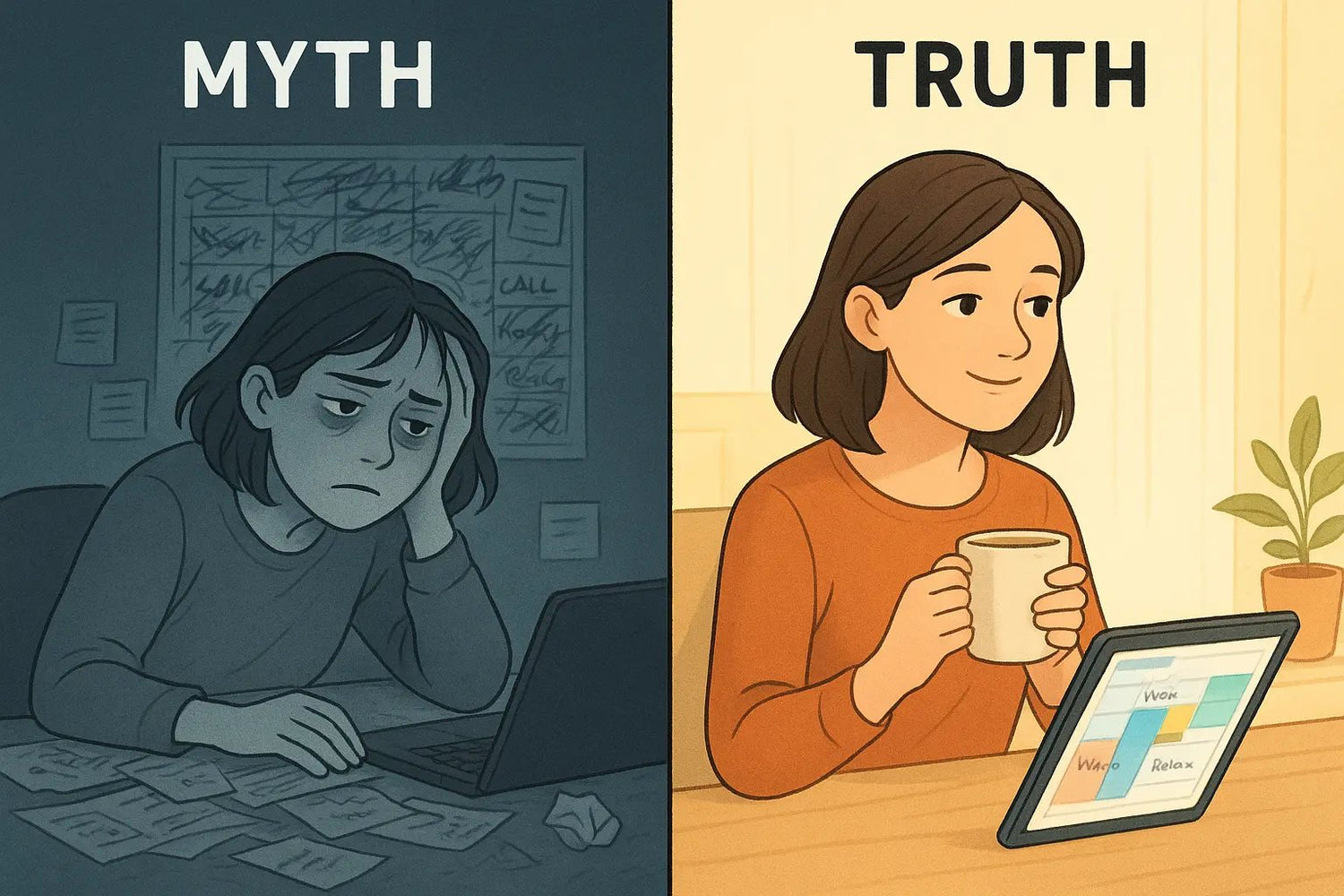 A woman with a chaotic calendar versus a calm woman with an organised calendar showing scheduled free time.