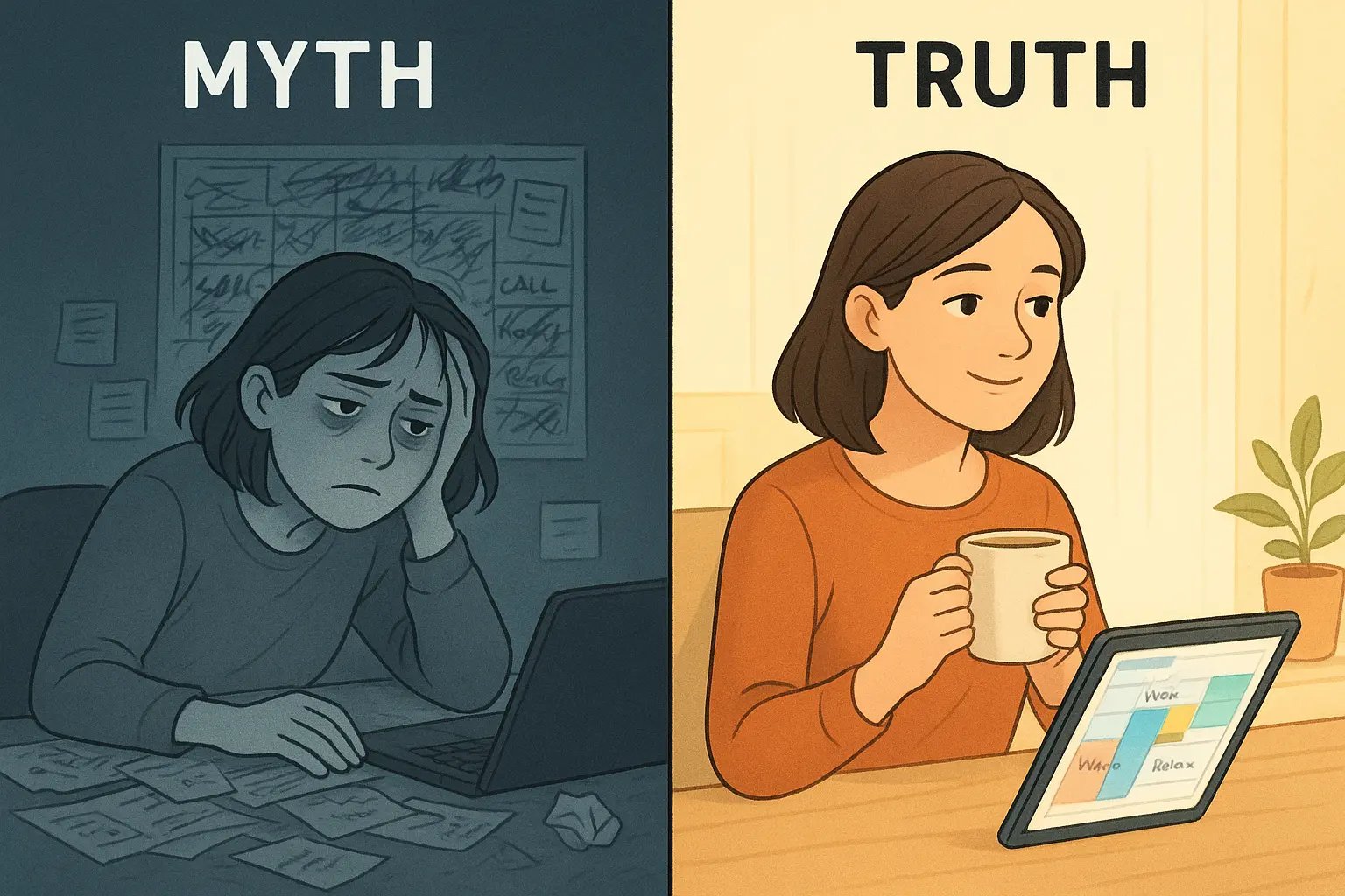 A woman with a chaotic calendar versus a calm woman with an organised calendar showing scheduled free time.