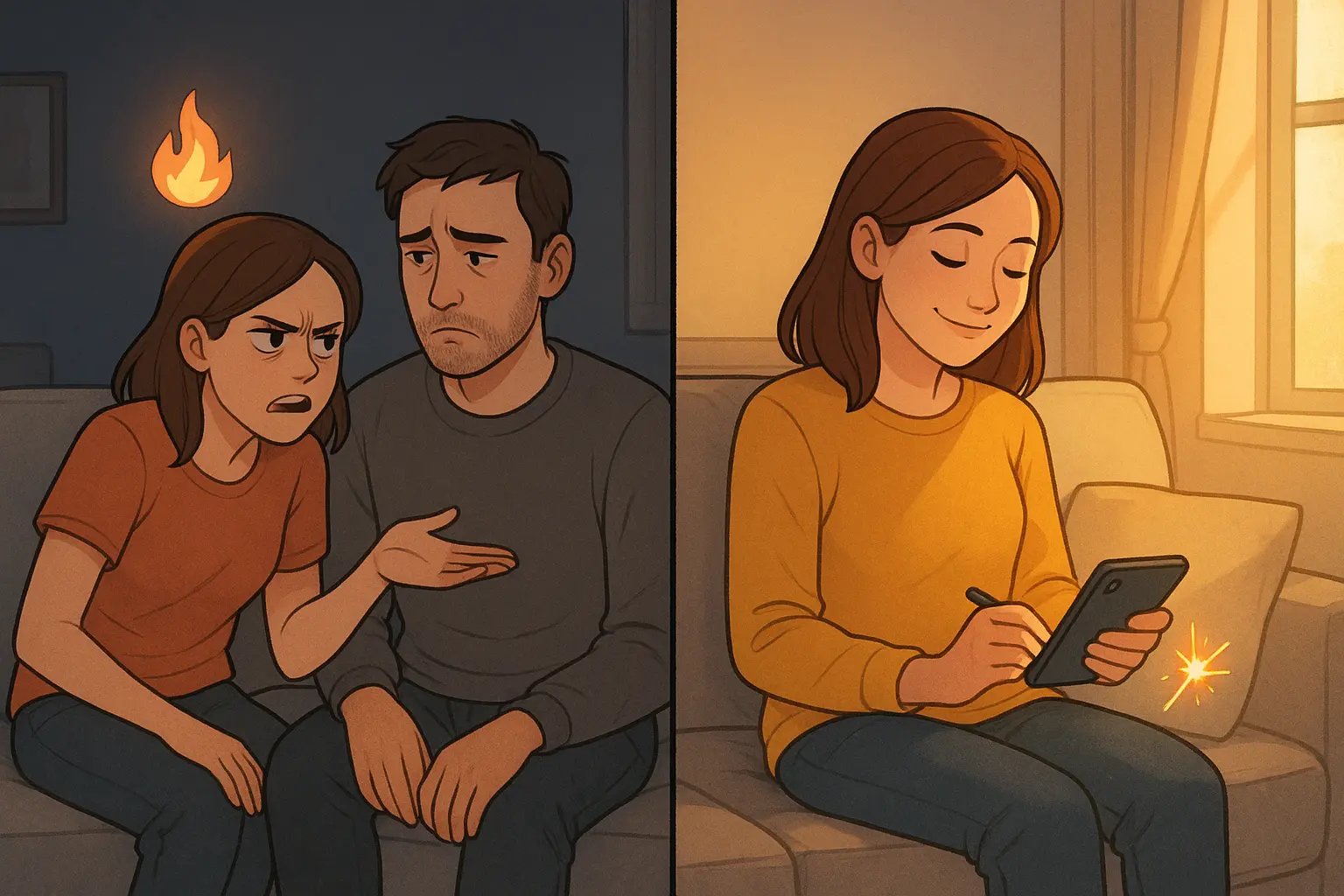 Two-panel illustration showing a woman transforming from picking fights with her partner to peacefully using a colouring app.