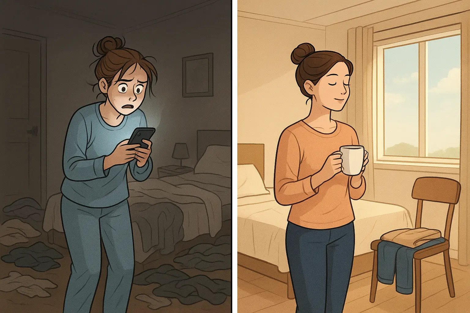 Split panel showing a woman's morning transformation from chaotic bedroom stress to calm, organised confidence
