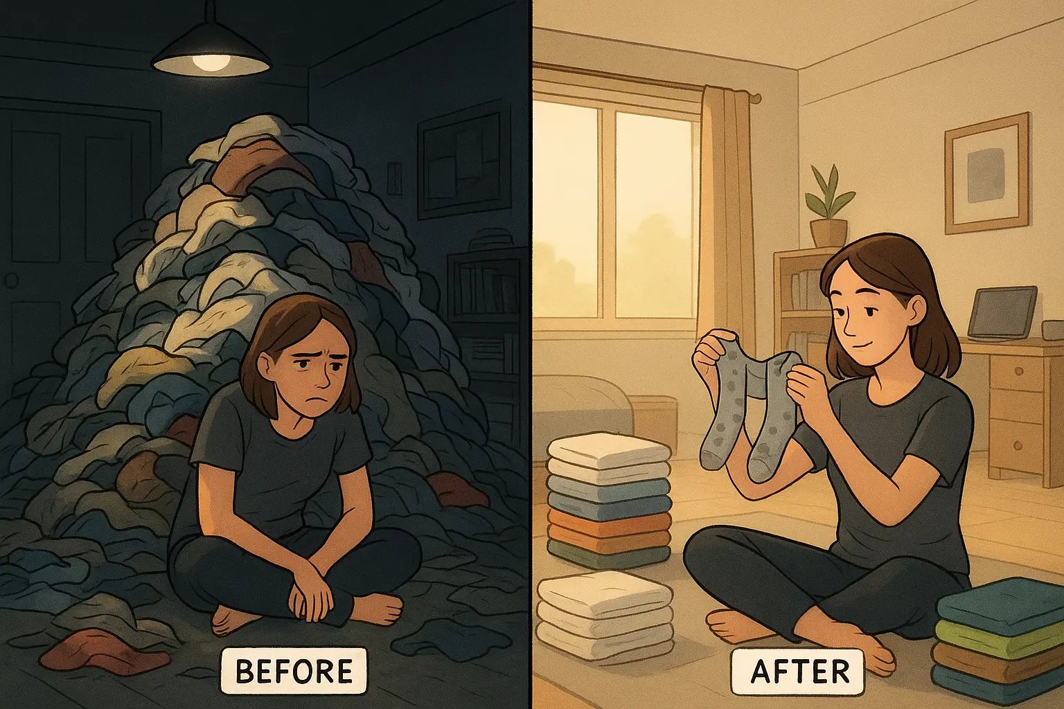 Student transforms chaotic laundry pile into organised stacks, showing the power of sorting and classification skills