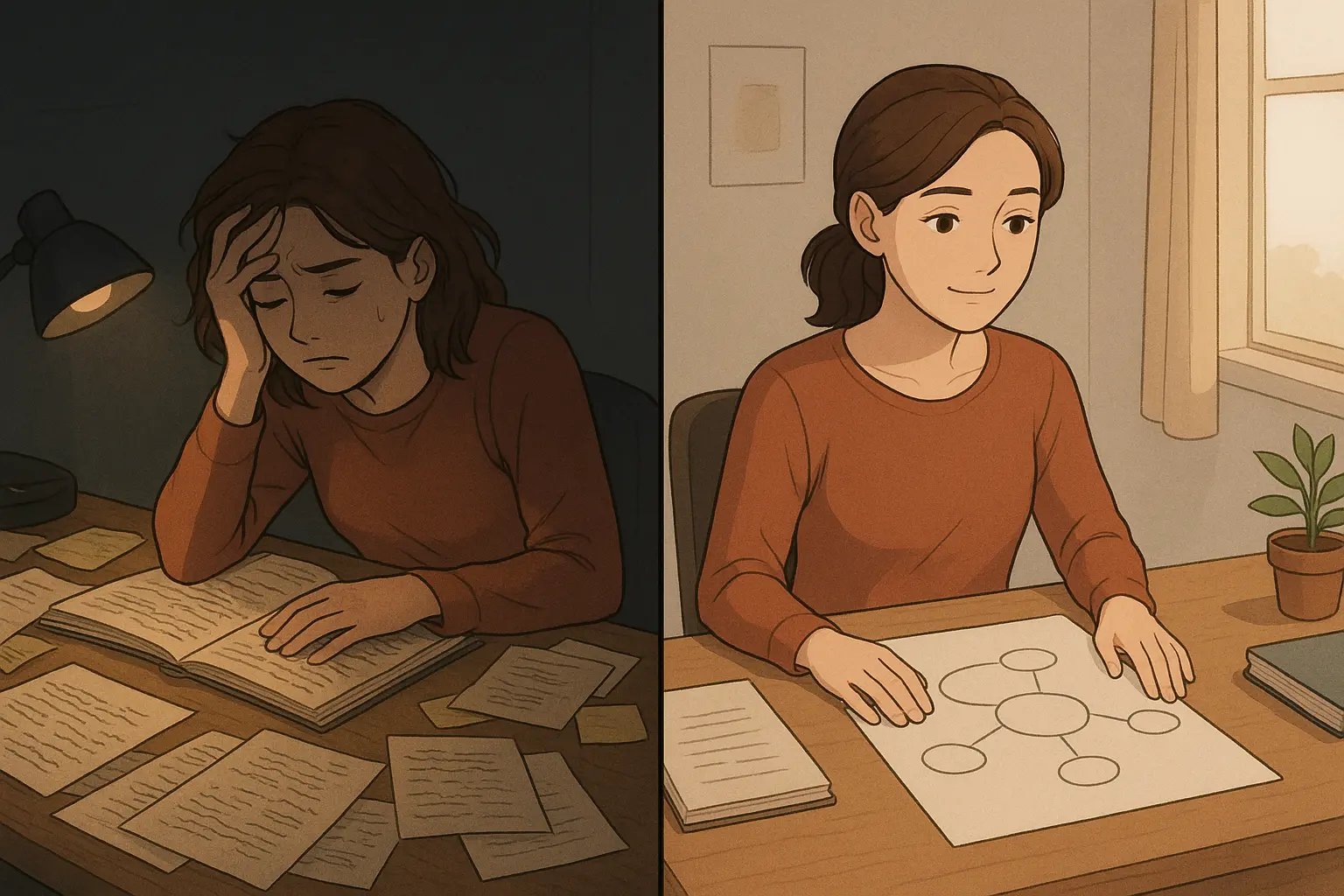 Student transformation from overwhelmed with messy notes to calm with organised concept map on tidy desk