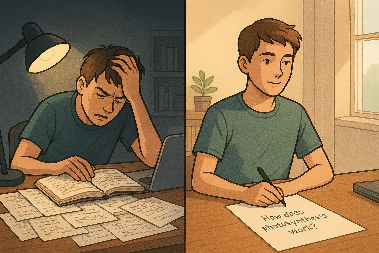 Student transformation from overwhelmed at messy desk to calm and focused with organised workspace and clear study question