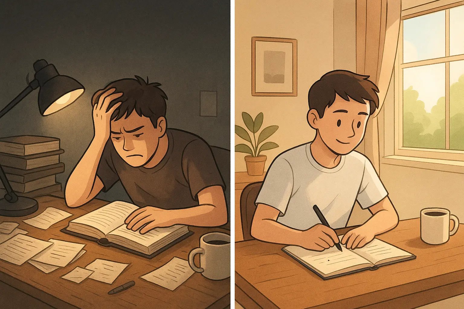 Split illustration showing student transformation from frustrated at chaotic desk to calm and focused at organised desk with natural light