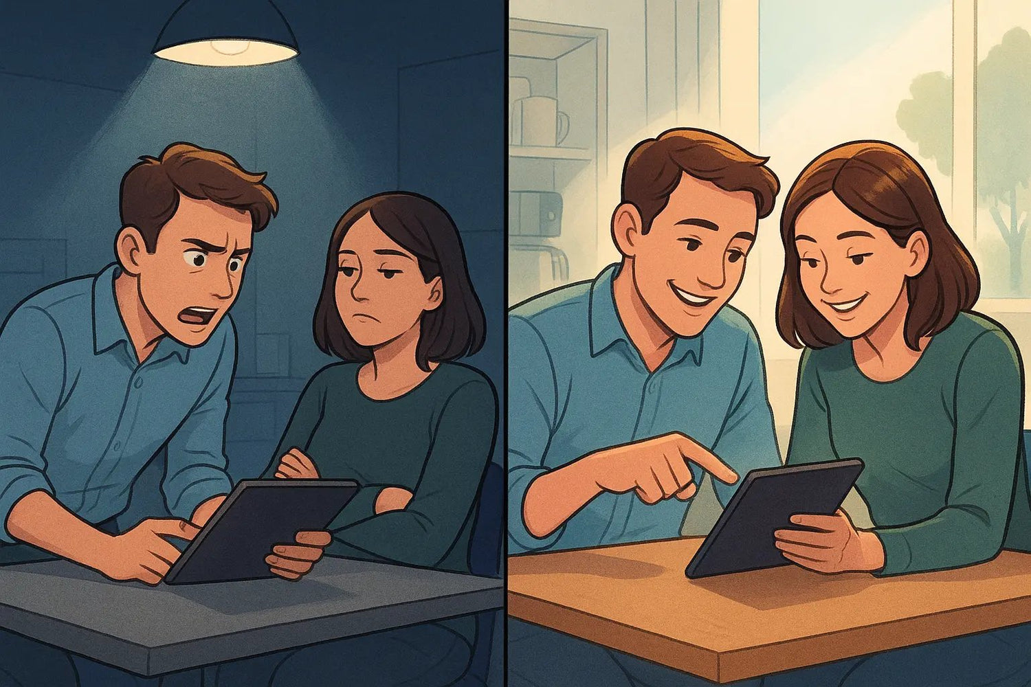 Two colleagues transforming from disconnected to engaged collaboration through social intelligence in a modern office setting