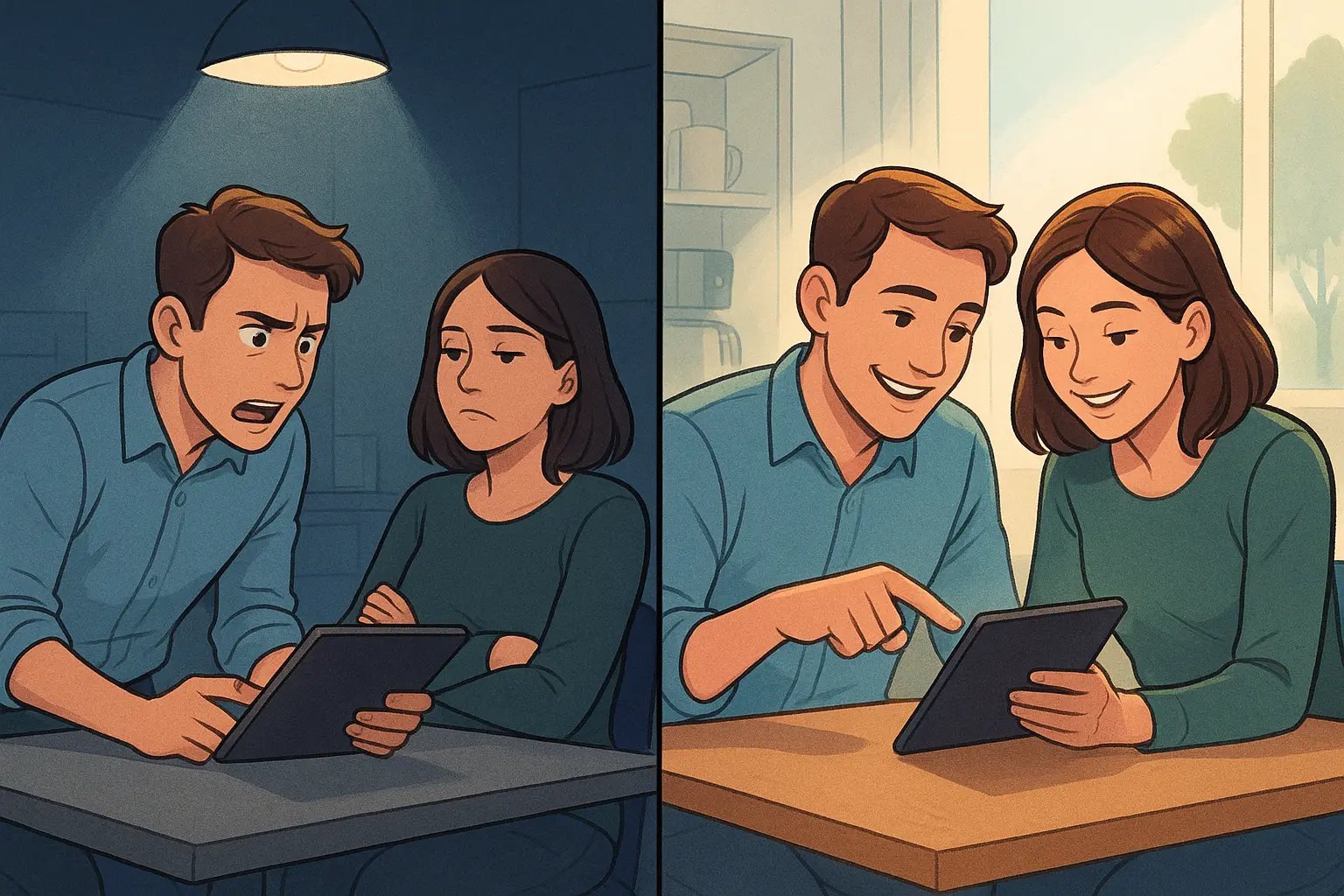 Two colleagues transforming from disconnected to engaged collaboration through social intelligence in a modern office setting