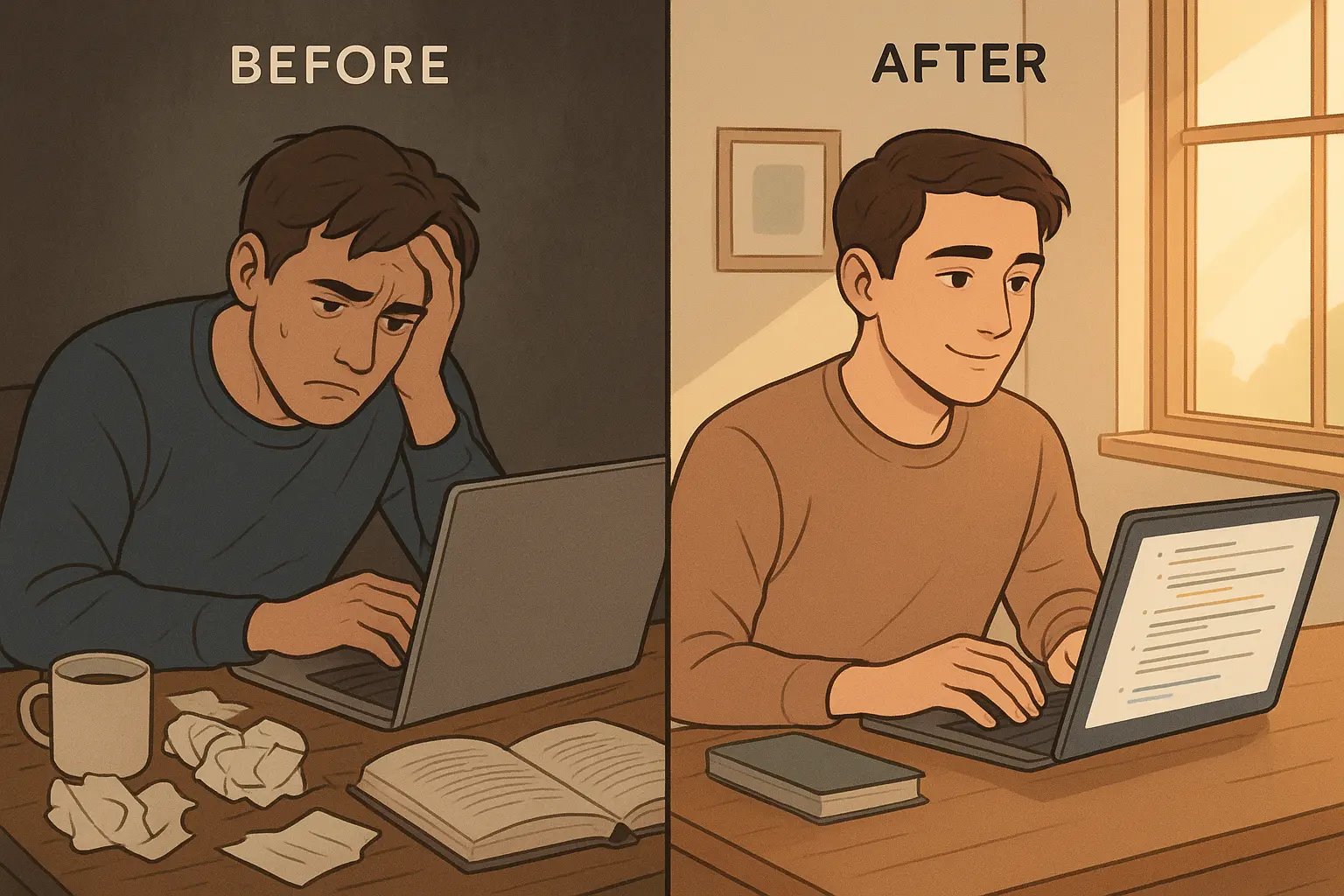 Split panel showing a frustrated student staring at a blank document transforming into a confident student working with a structured outline