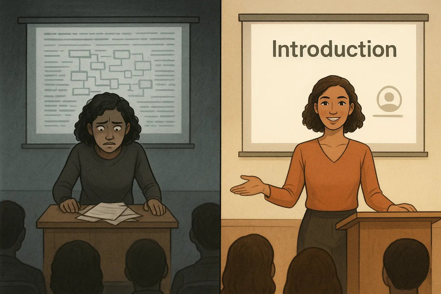 University student transforming from nervous presenter with messy papers to confident speaker making eye contact with engaged audience