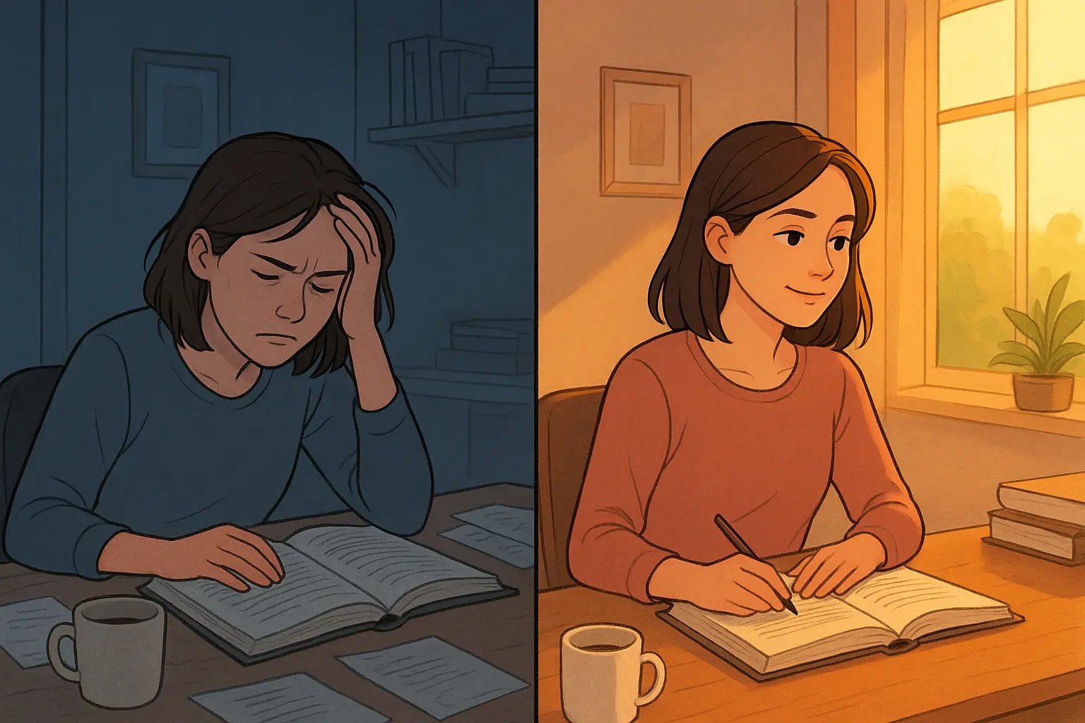 Split panel showing woman with morning brain fog studying, then the same woman focused and clear whilst studying in warm afternoon light.