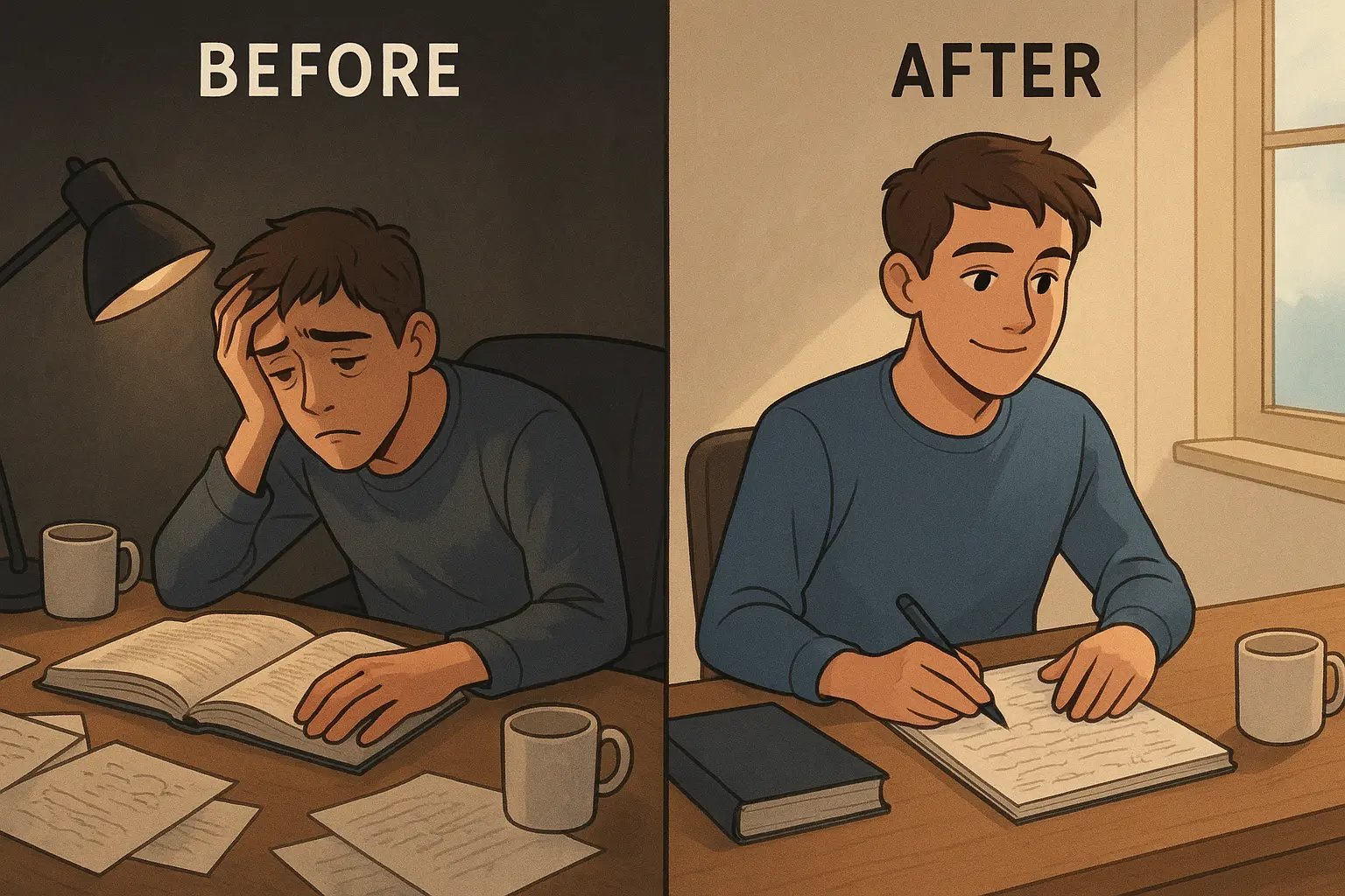 Before and after comparison of a student transforming from exhausted rereading to confident active recall writing