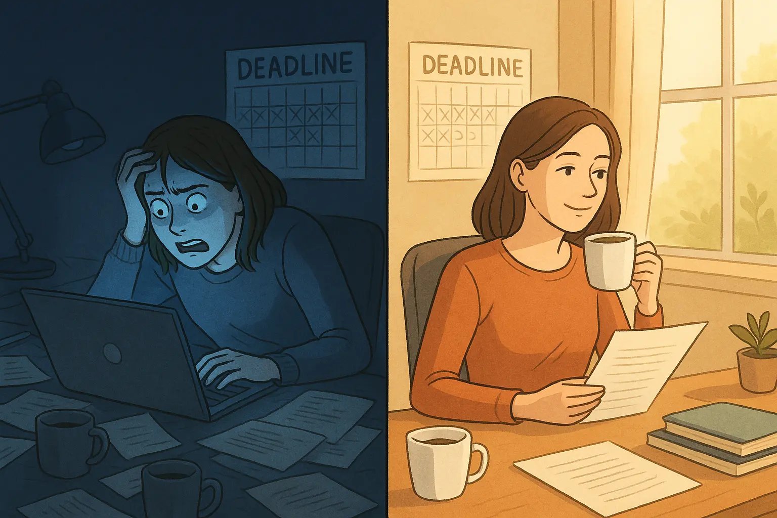 Split panel showing stressed student rushing at night versus calm student who finished work early in bright morning light