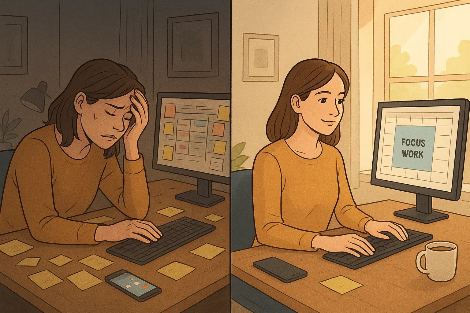 Split-panel illustration showing a woman's transformation from overwhelmed afternoon worker to calm, focused professional during peak morning hours.