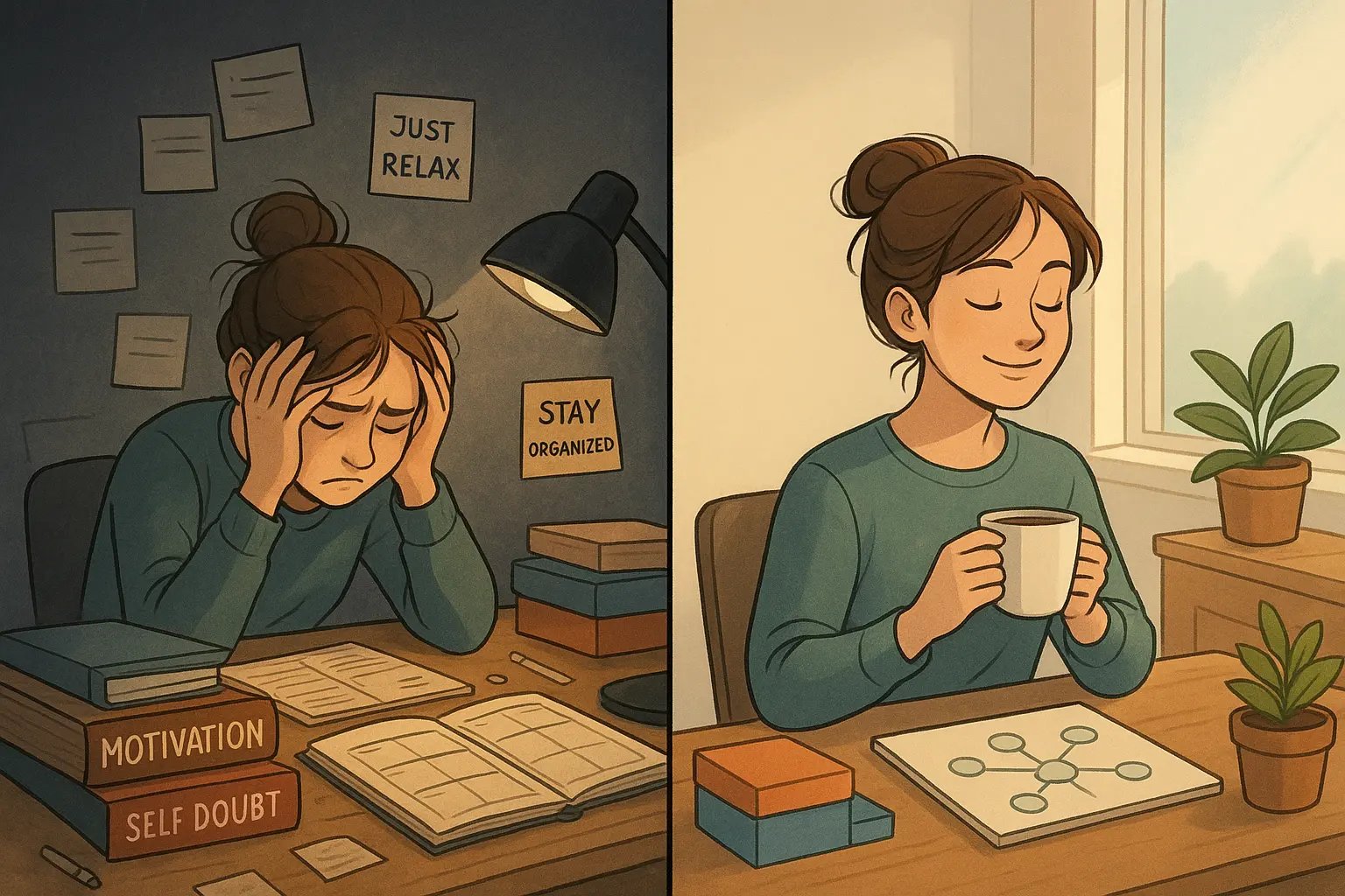 Before and after workspace transformation showing calm organised desk with personalised system for neurodivergent support