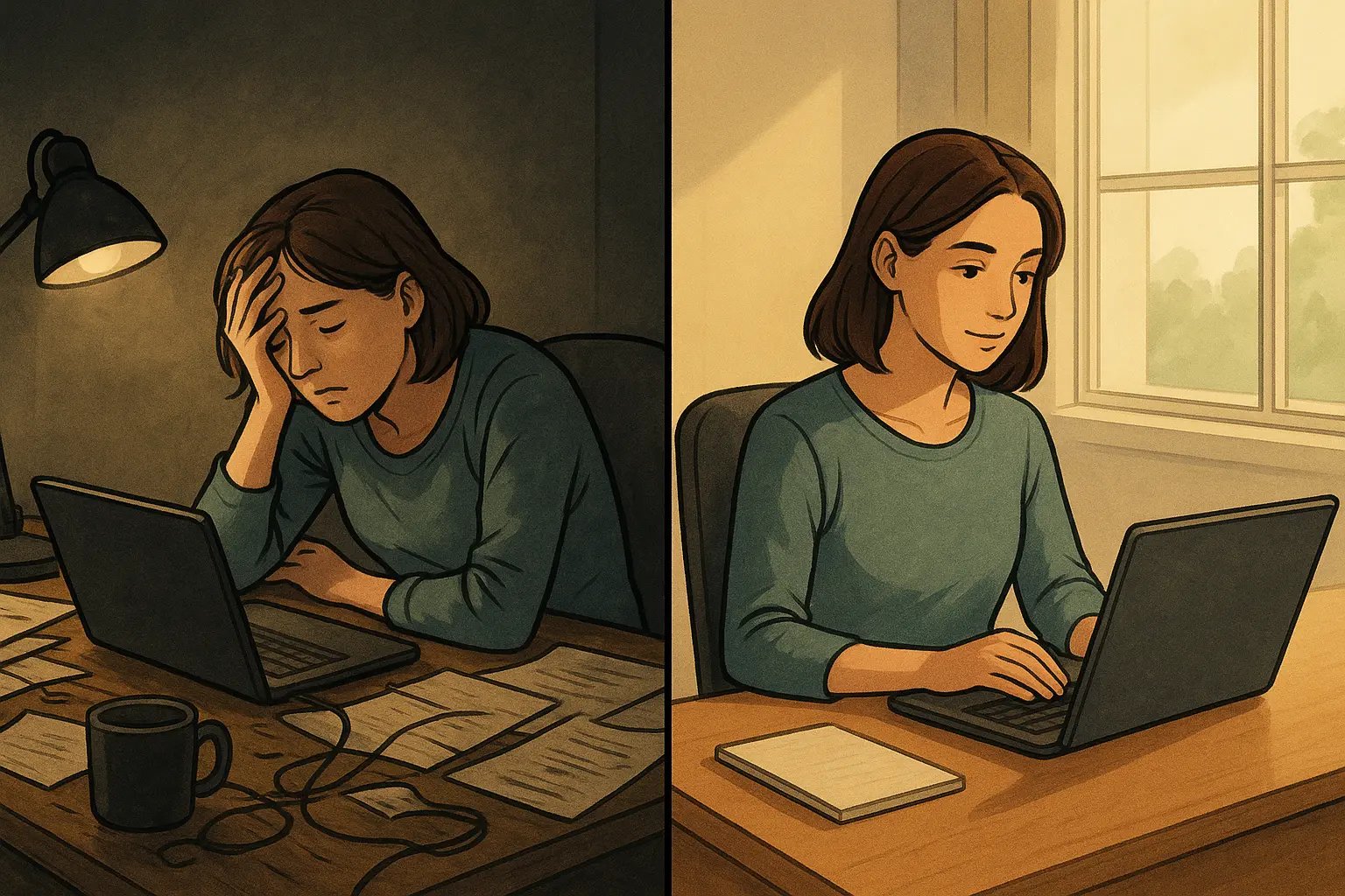 Before-and-after workspace showing transformation from cluttered, dim desk to organised, bright workspace with woman focused and calm