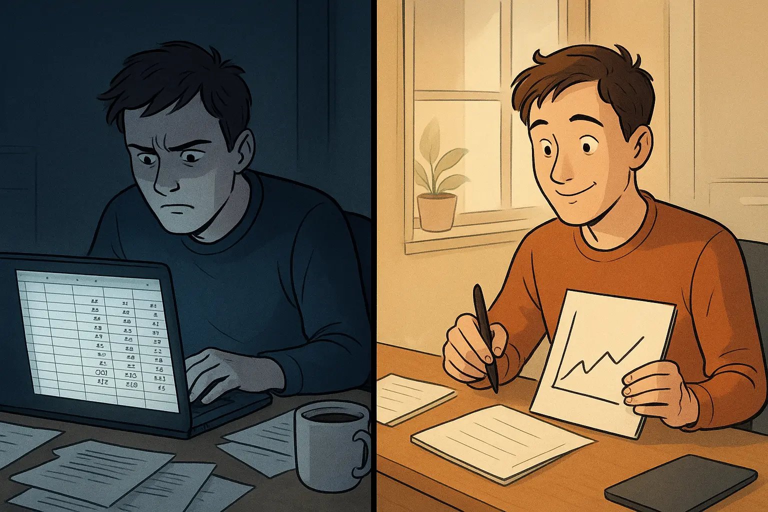 Split panel showing person moving from confusion at spreadsheet averages to clarity with a hand-drawn chart