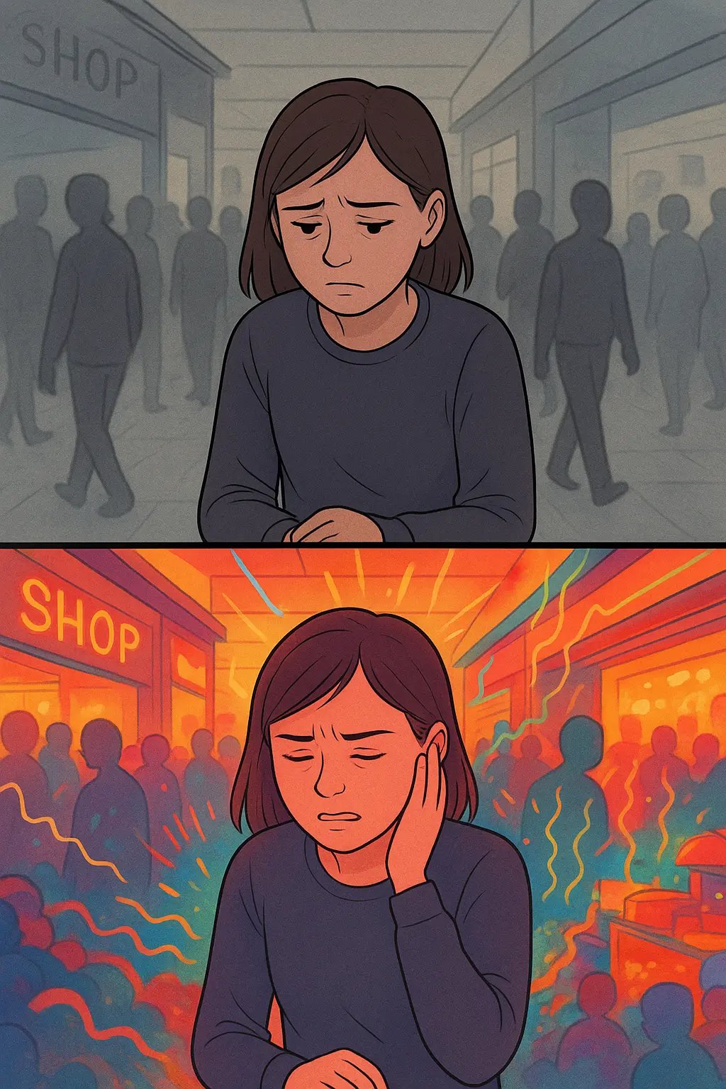 Split illustration showing a woman overwhelmed by shame in muted tones above, and by sensory chaos in vibrant colours below.